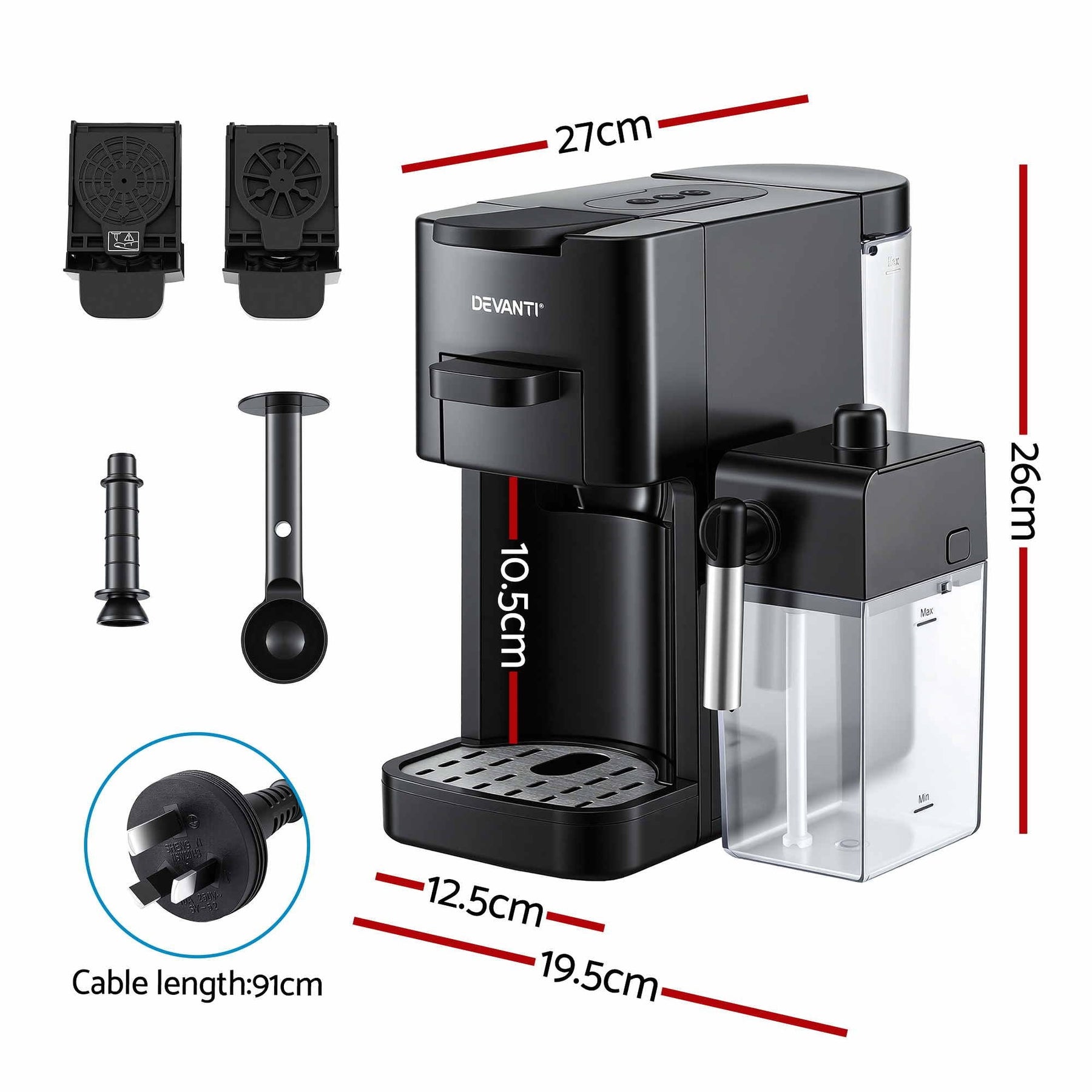 Devanti Capsule Coffee Pod Machine with Milk Frother, Black - SportZone.co.nz