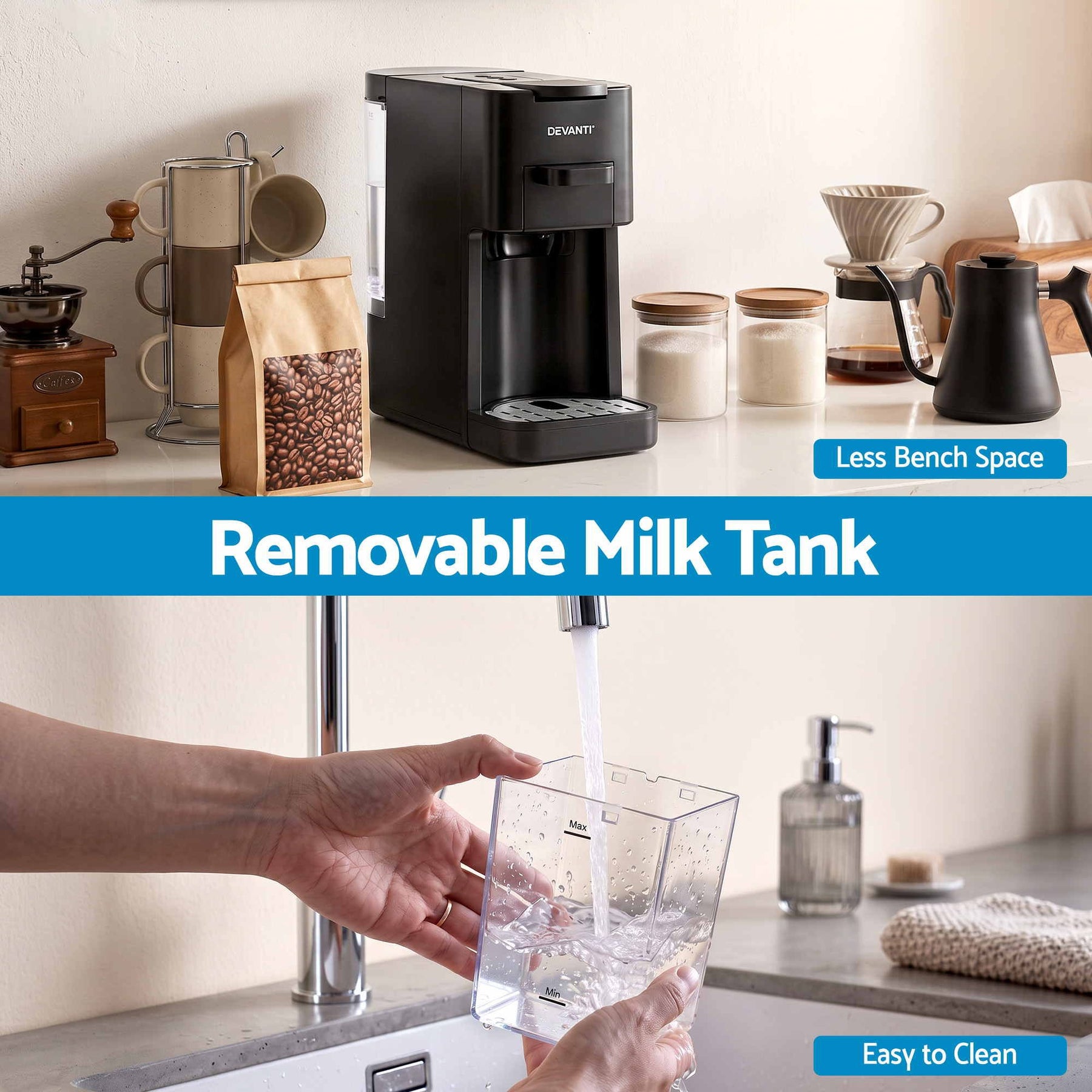 Devanti Capsule Coffee Pod Machine with Milk Frother, Black - SportZone.co.nz