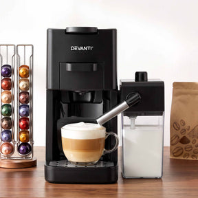 Devanti Capsule Coffee Pod Machine with Milk Frother, Black - SportZone.co.nz