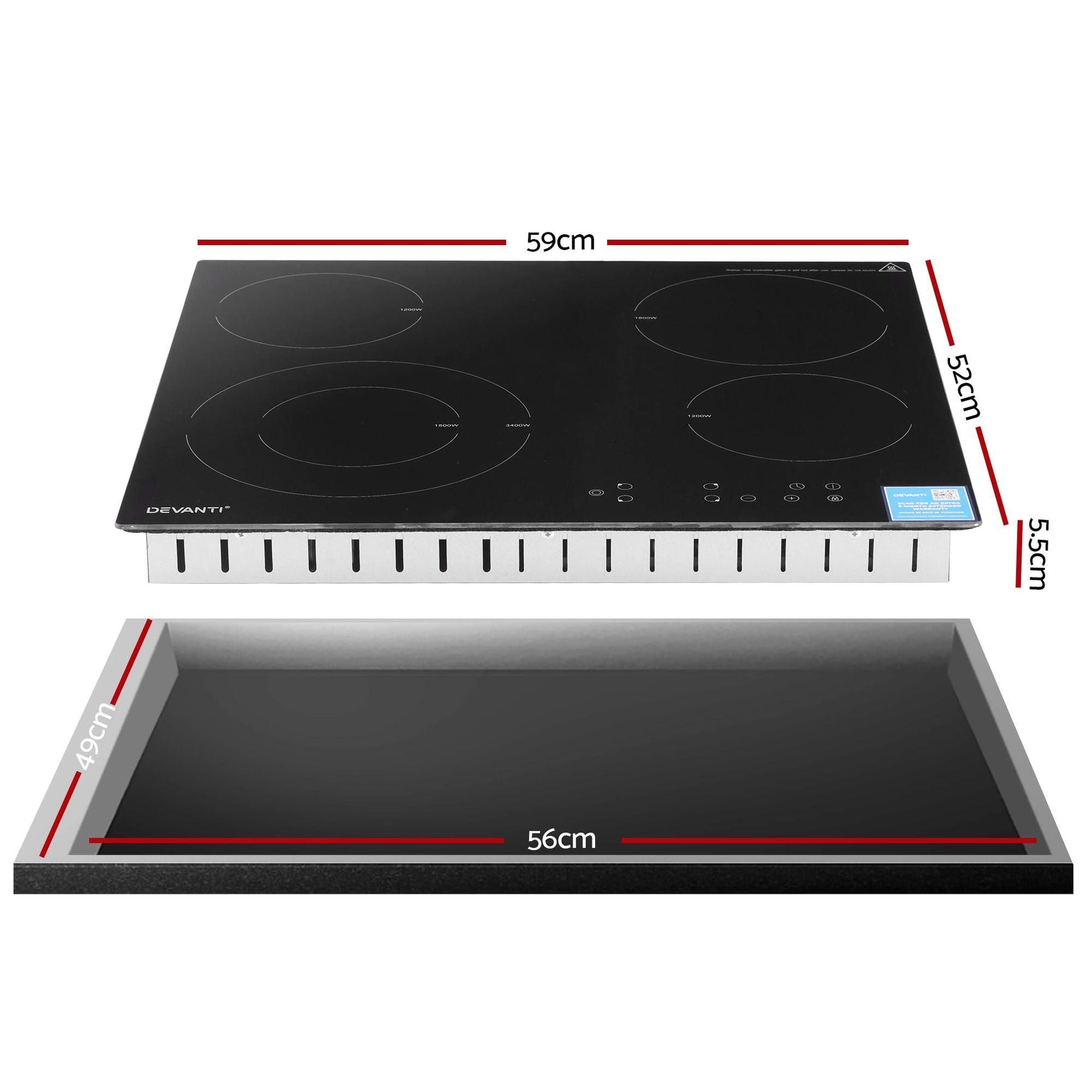 Devanti Ceramic Cooktop 5 Cooking Zone 4 Electric Hobs Touch Control 7600W Black - SportZone.co.nz