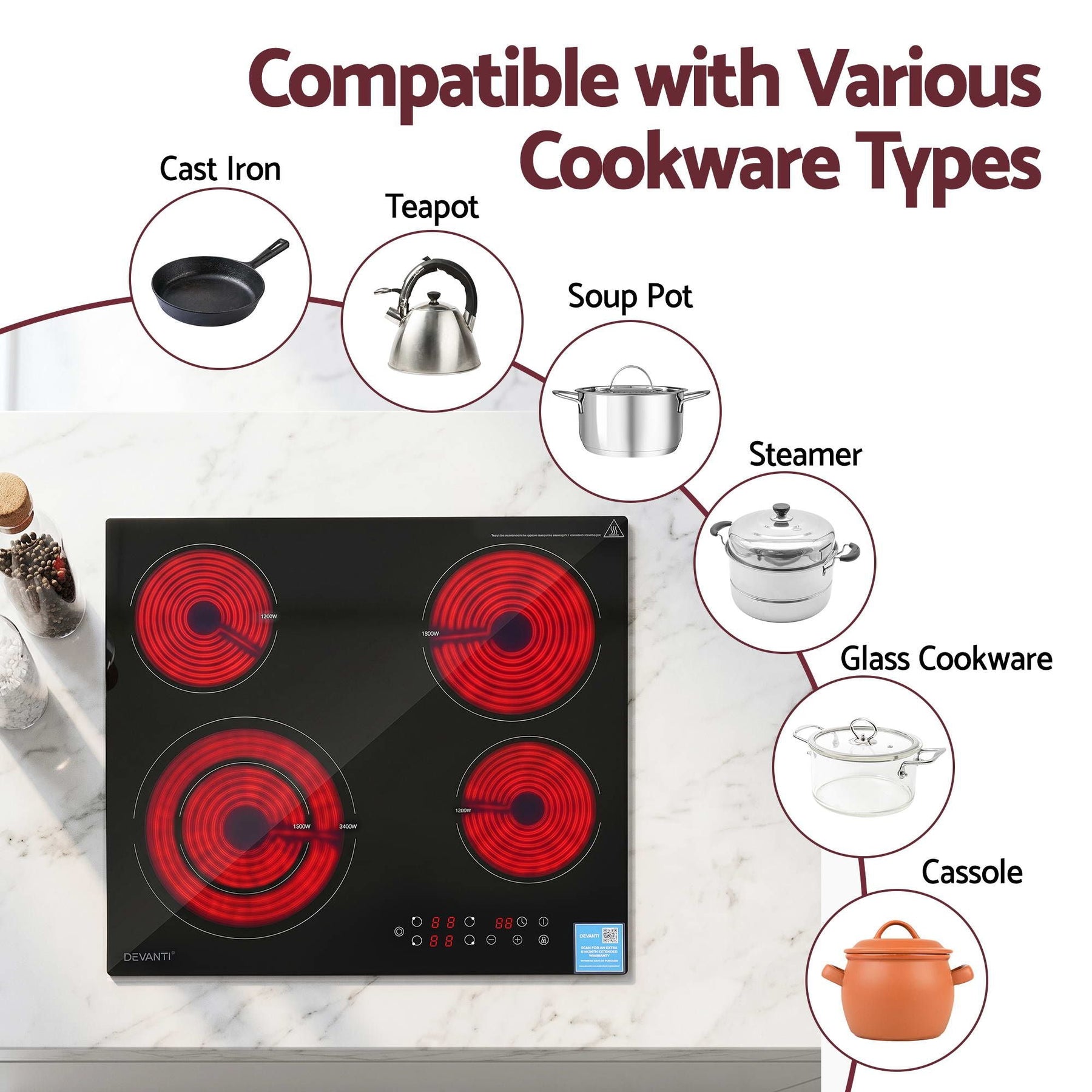 Devanti Ceramic Cooktop 5 Cooking Zone 4 Electric Hobs Touch Control 7600W Black - SportZone.co.nz
