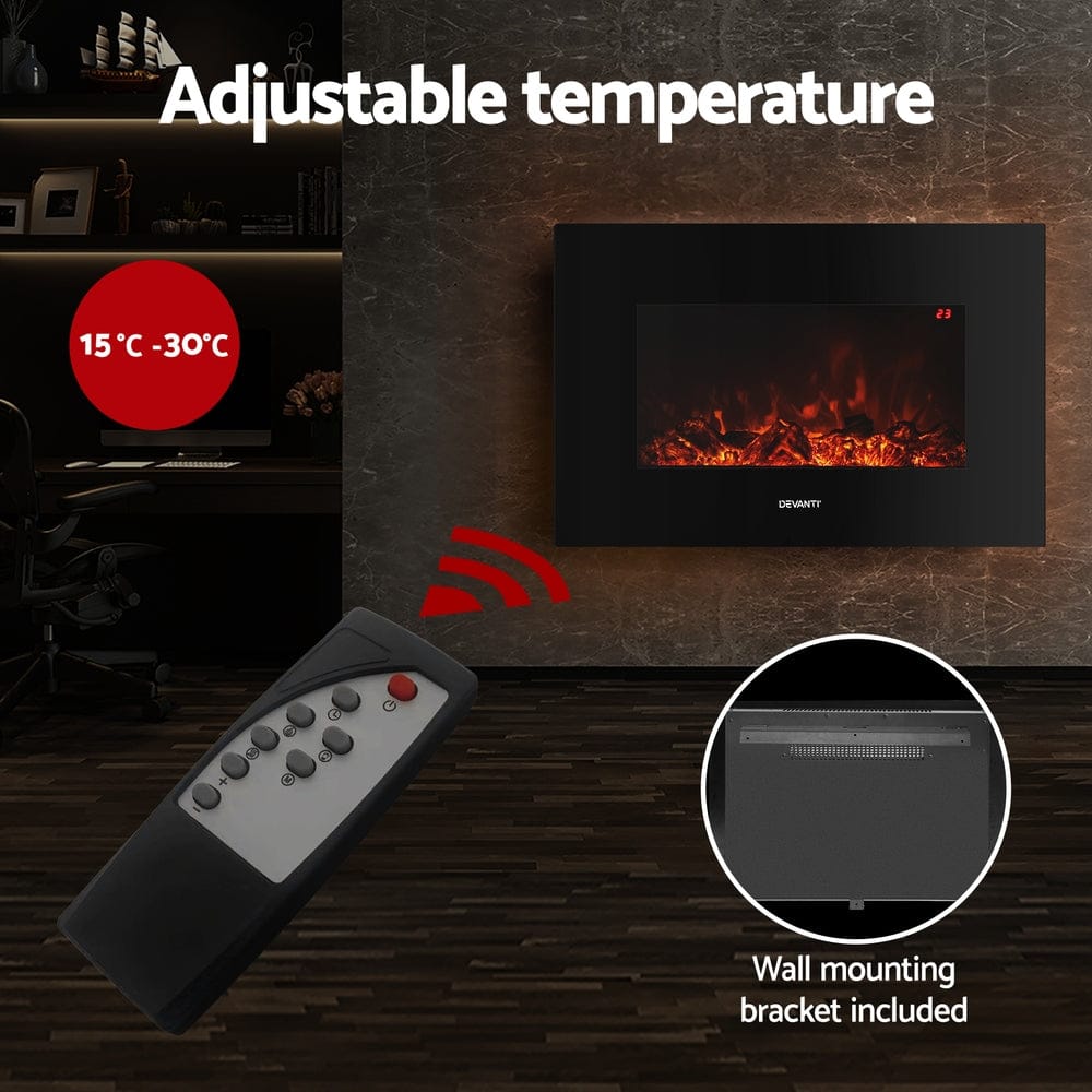 Devanti Electric Fireplace Fire Heater 2000W Black - SportZone.co.nz