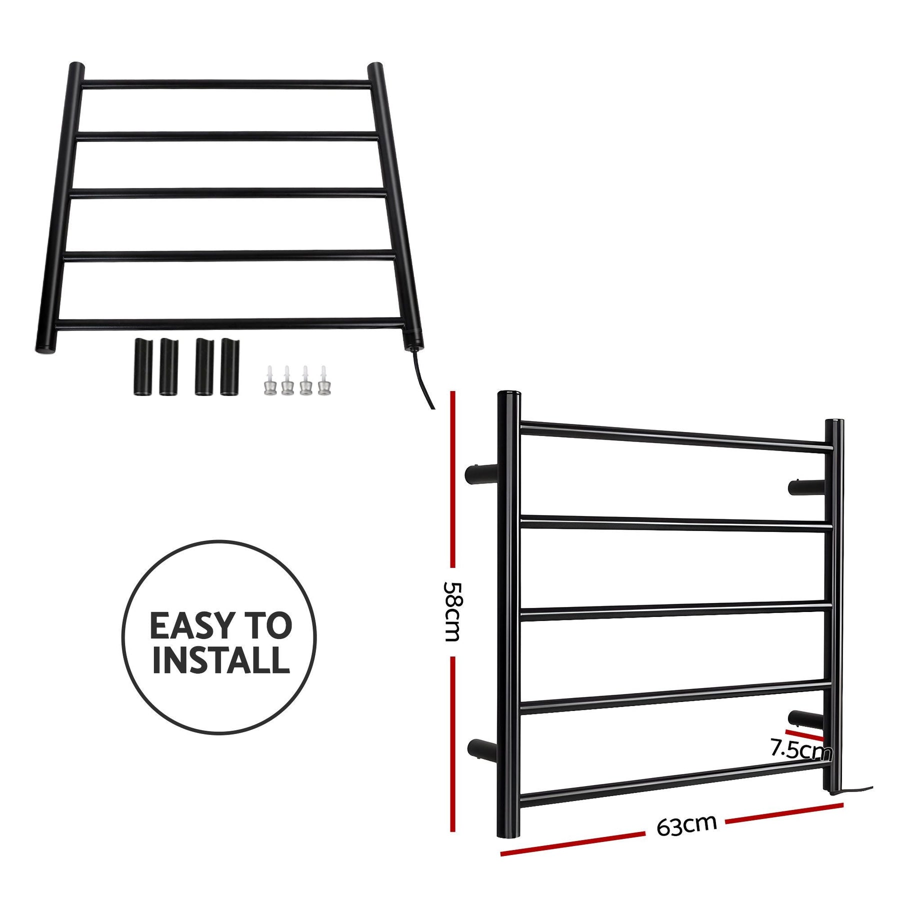 Devanti Electric Heated Towel Rail Rack 5 Bars Wall Mounted Clothes Dry Warmer - SportZone.co.nz