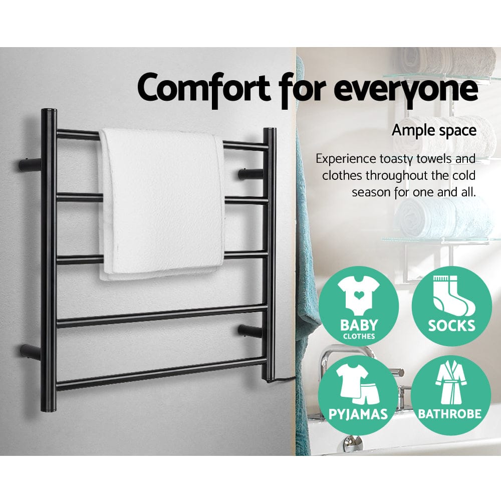 Devanti Electric Heated Towel Rail Rack 5 Bars Wall Mounted Clothes Dry Warmer - SportZone.co.nz