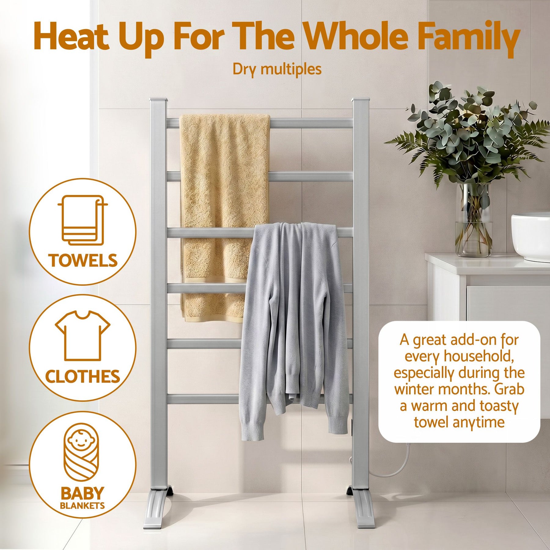 Devanti Electric Heated Towel Rail Rack 6 Bars Freestanding Clothes Dry Warmer - SportZone.co.nz