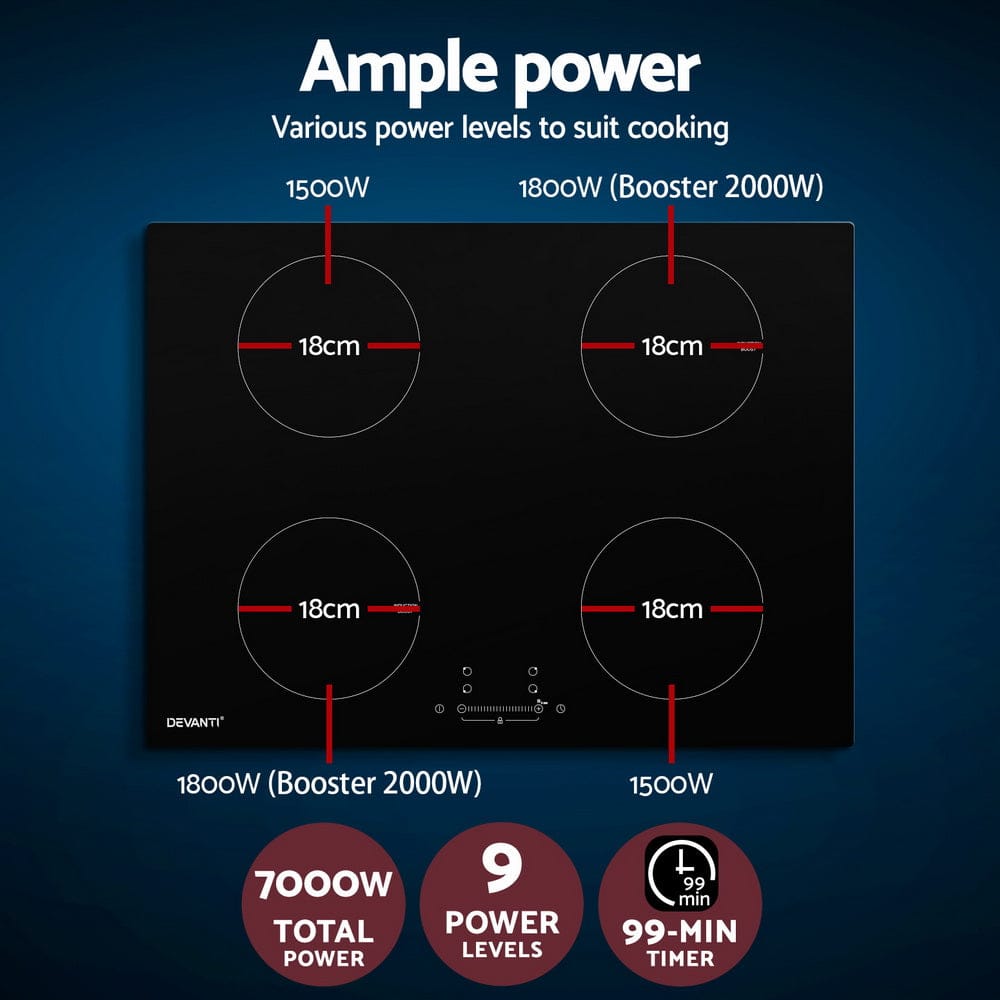 Devanti Electric Induction Cooktop 70cm Ceramic 4 Zones Stove Cook Top Hot Plate 7000W - SportZone.co.nz