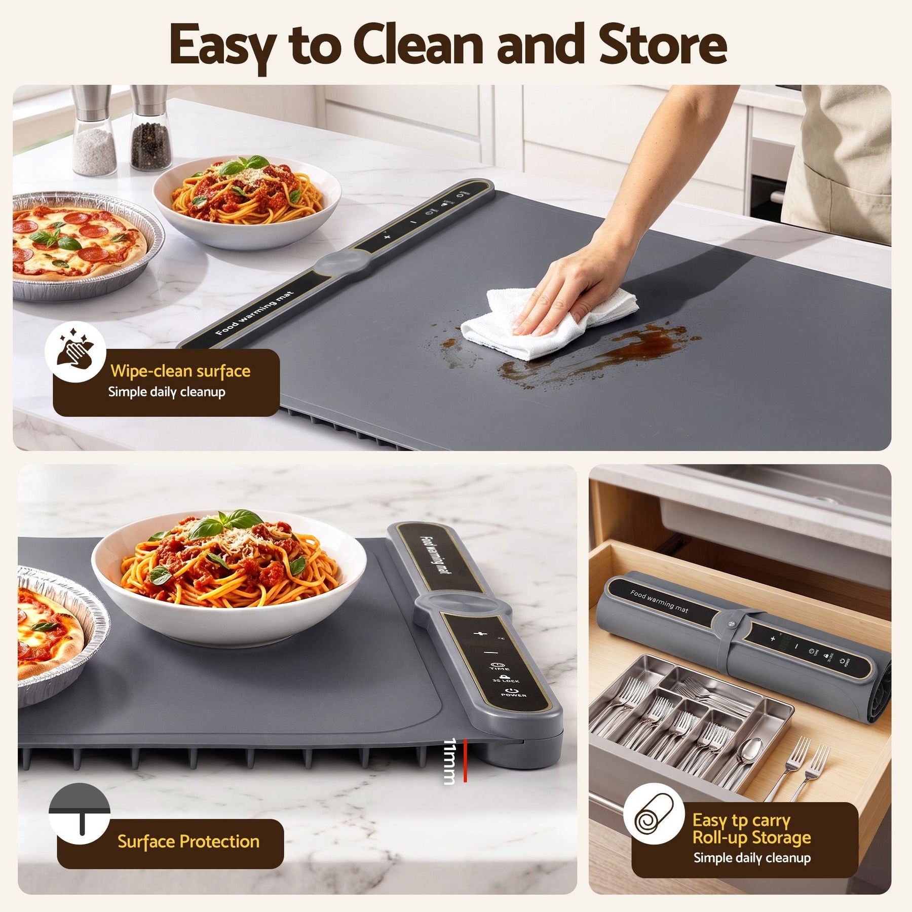 Devanti Food Warming Mat 80cm Electric Food Warmer Roll Up Buffet Tray Grey - SportZone.co.nz
