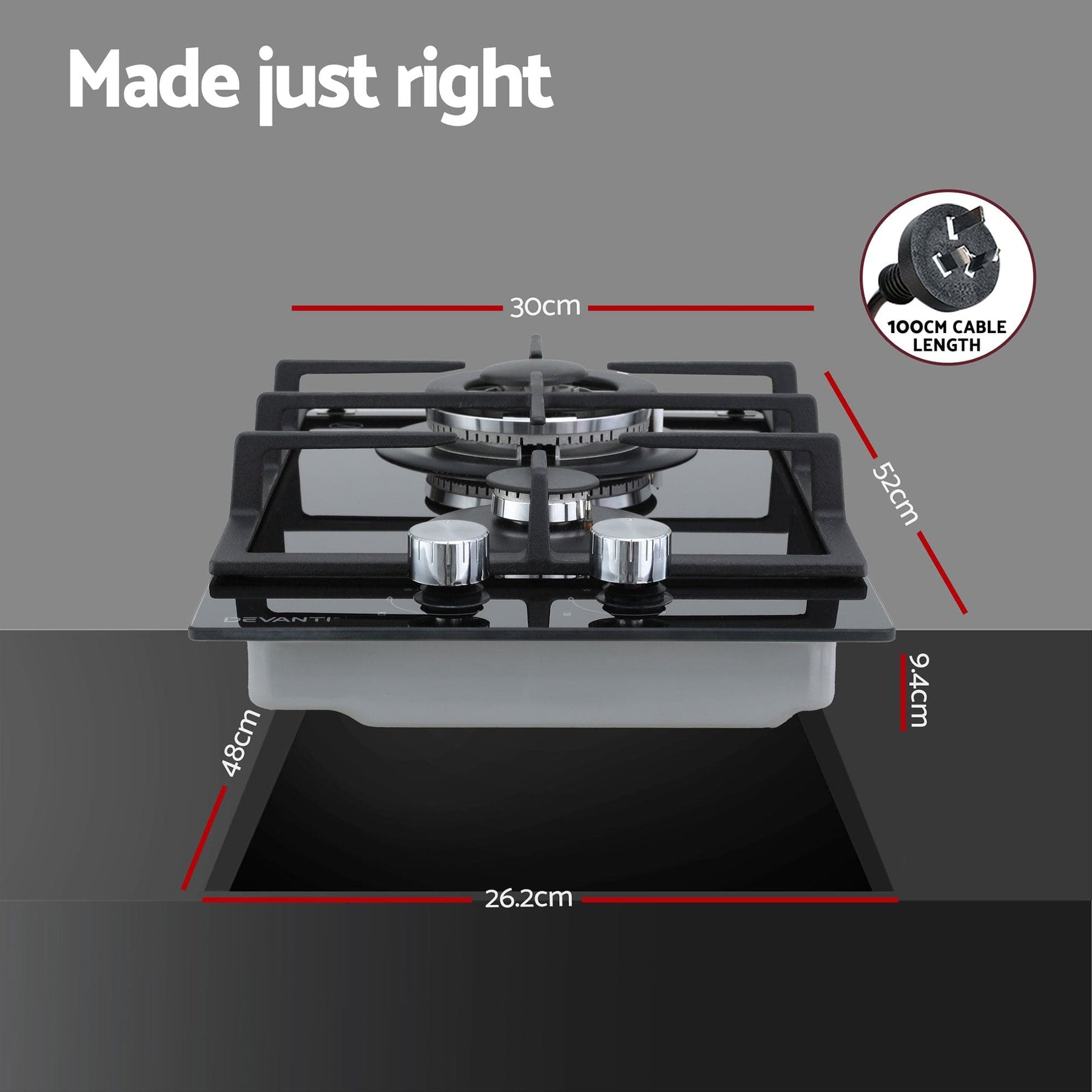 Devanti Gas Cooktop 30cm 2 Burner Built - in Stove Glass Cook Top NG LPG Wok Burner - SportZone.co.nz