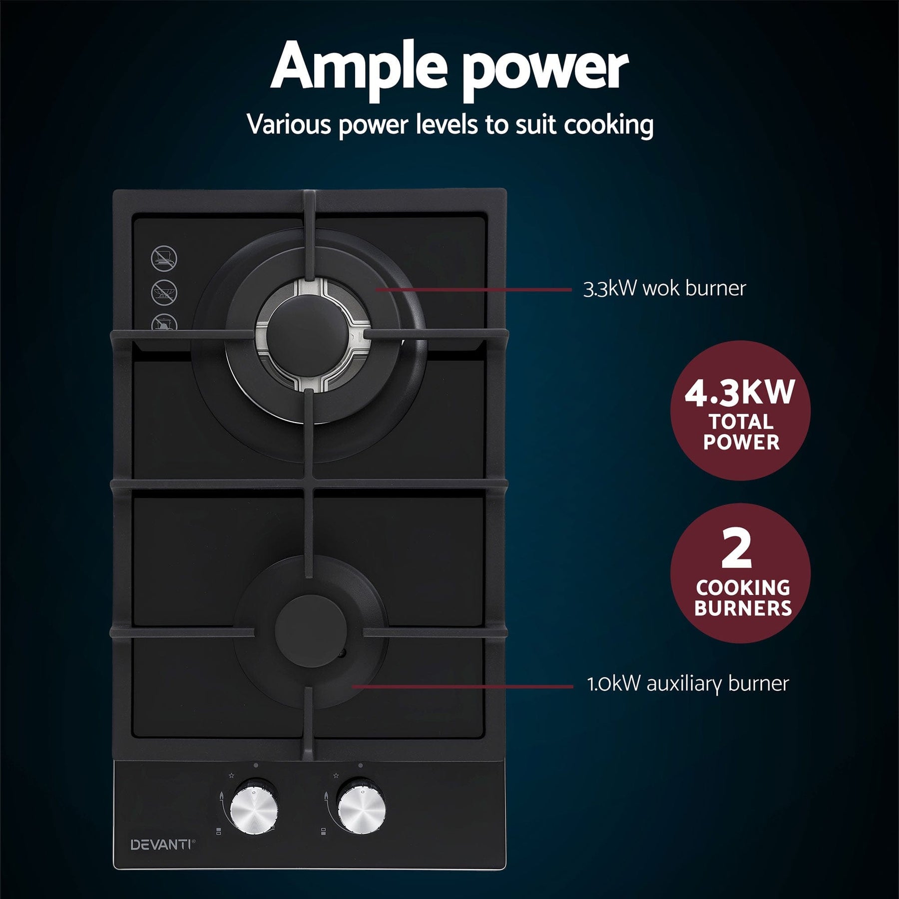 Devanti Gas Cooktop 30cm 2 Burner Built - in Stove Glass Cook Top NG LPG Wok Burner - SportZone.co.nz