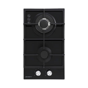 Devanti Gas Cooktop 30cm 2 Burner Built - in Stove Glass Cook Top NG LPG Wok Burner - SportZone.co.nz
