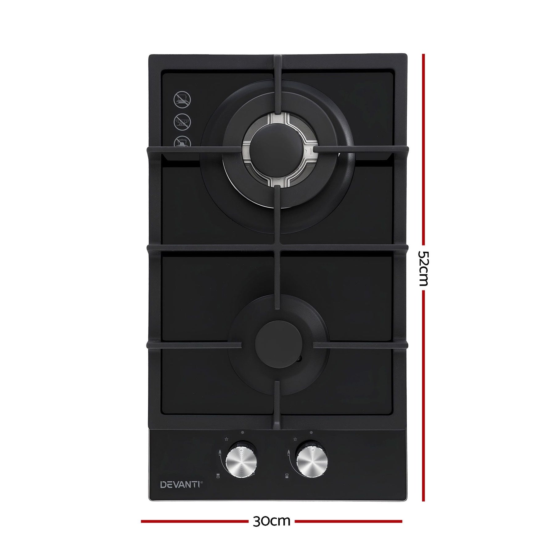 Devanti Gas Cooktop 30cm 2 Burner Built-in Stove Glass Cook Top NG LPG Wok Burner - SportZone.co.nz