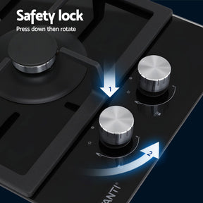 Devanti Gas Cooktop 30cm 2 Burner Built-in Stove Glass Cook Top NG LPG Wok Burner - SportZone.co.nz
