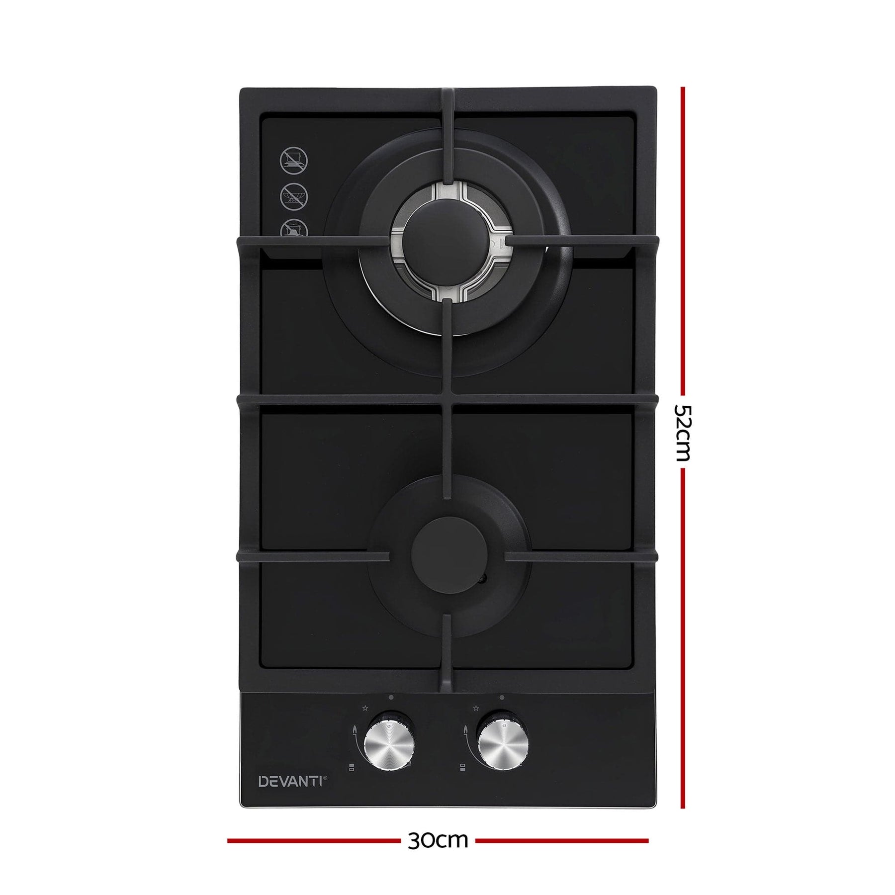 Devanti Gas Cooktop 30cm 2 Burner Built - in Stove Glass Cook Top NG LPG Wok Burner - SportZone.co.nz