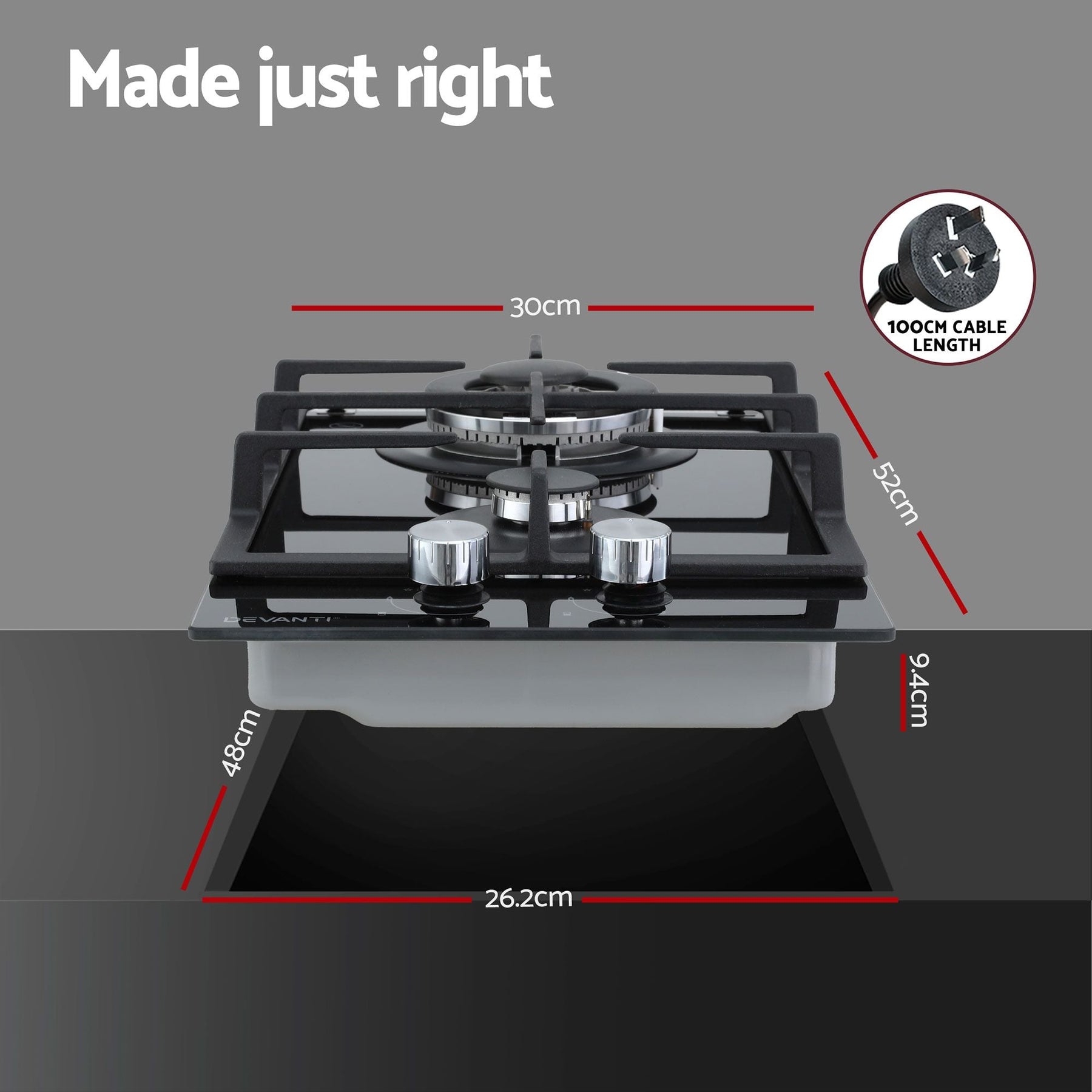 Devanti Gas Cooktop 30cm 2 Burner Built-in Stove Glass Cook Top NG LPG Wok Burner - SportZone.co.nz