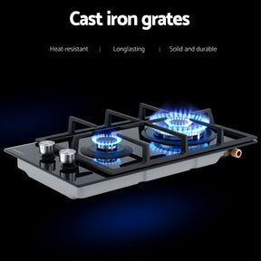 Devanti Gas Cooktop 30cm 2 Burner Built-in Stove Glass Cook Top NG LPG Wok Burner - SportZone.co.nz