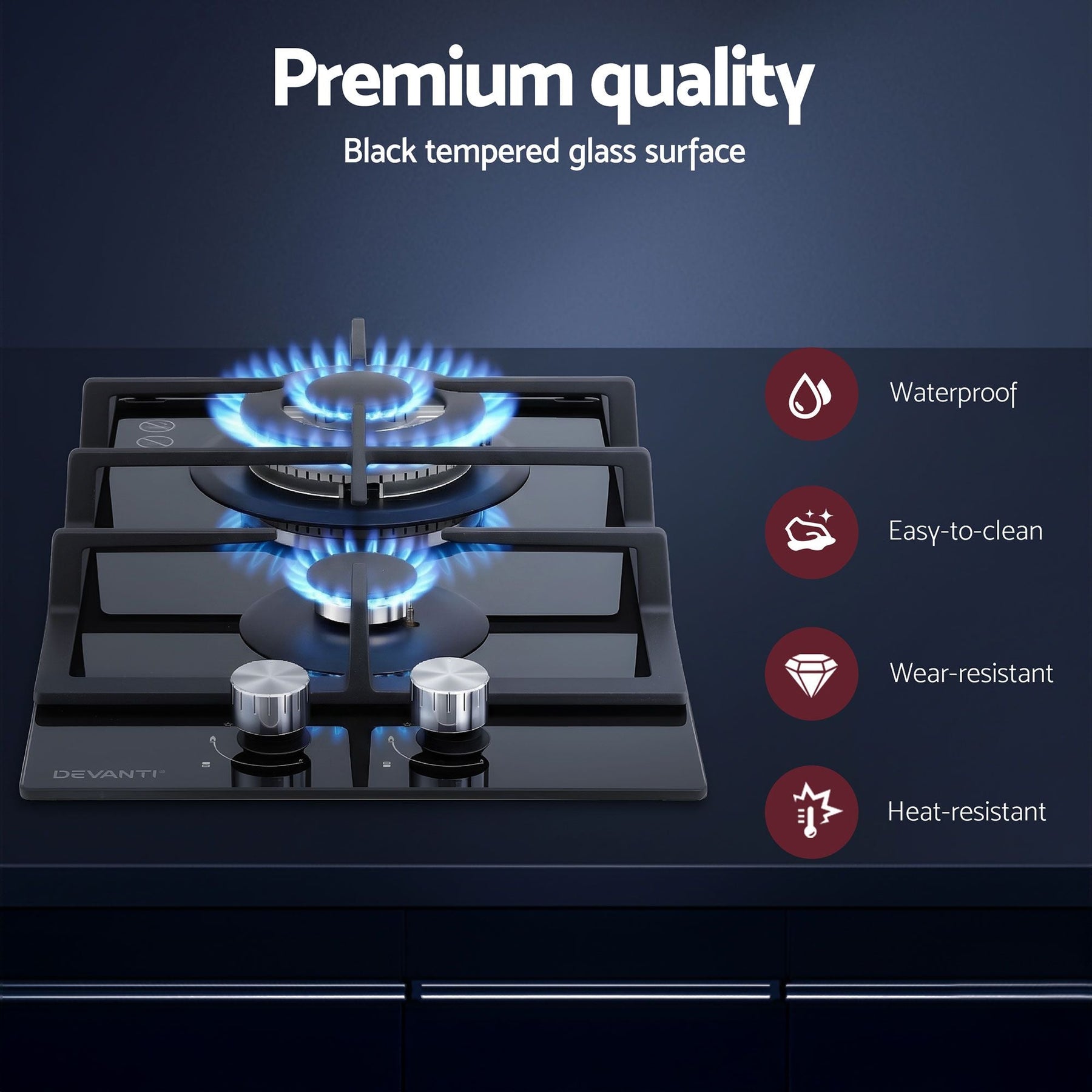 Devanti Gas Cooktop 30cm 2 Burner Built-in Stove Glass Cook Top NG LPG Wok Burner - SportZone.co.nz