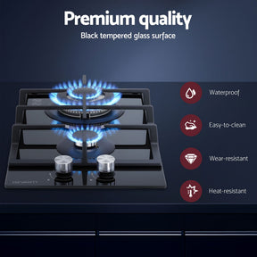 Devanti Gas Cooktop 30cm 2 Burner Built-in Stove Glass Cook Top NG LPG Wok Burner - SportZone.co.nz