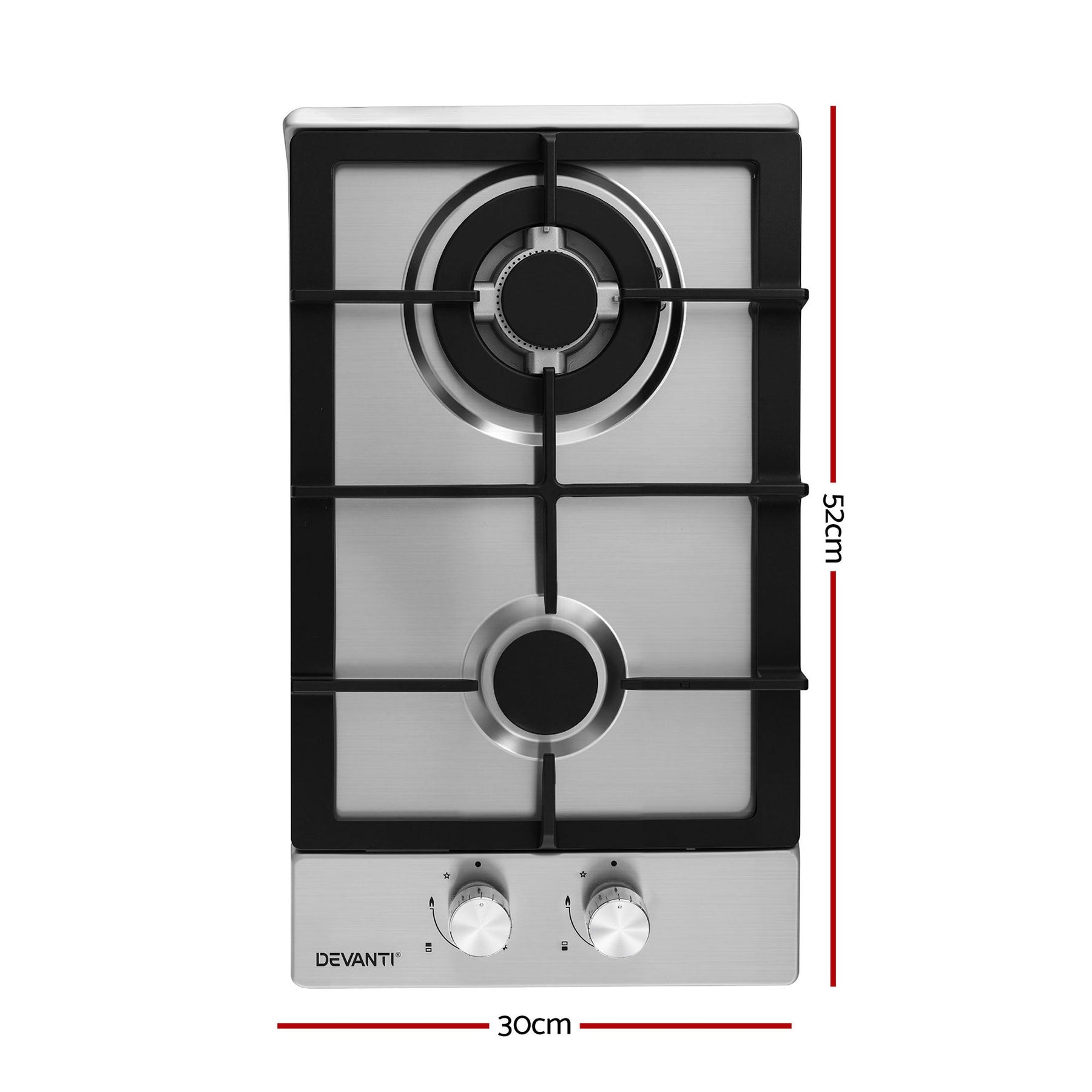 Devanti Gas Cooktop 30cm 2 Burner Silver - SportZone.co.nz