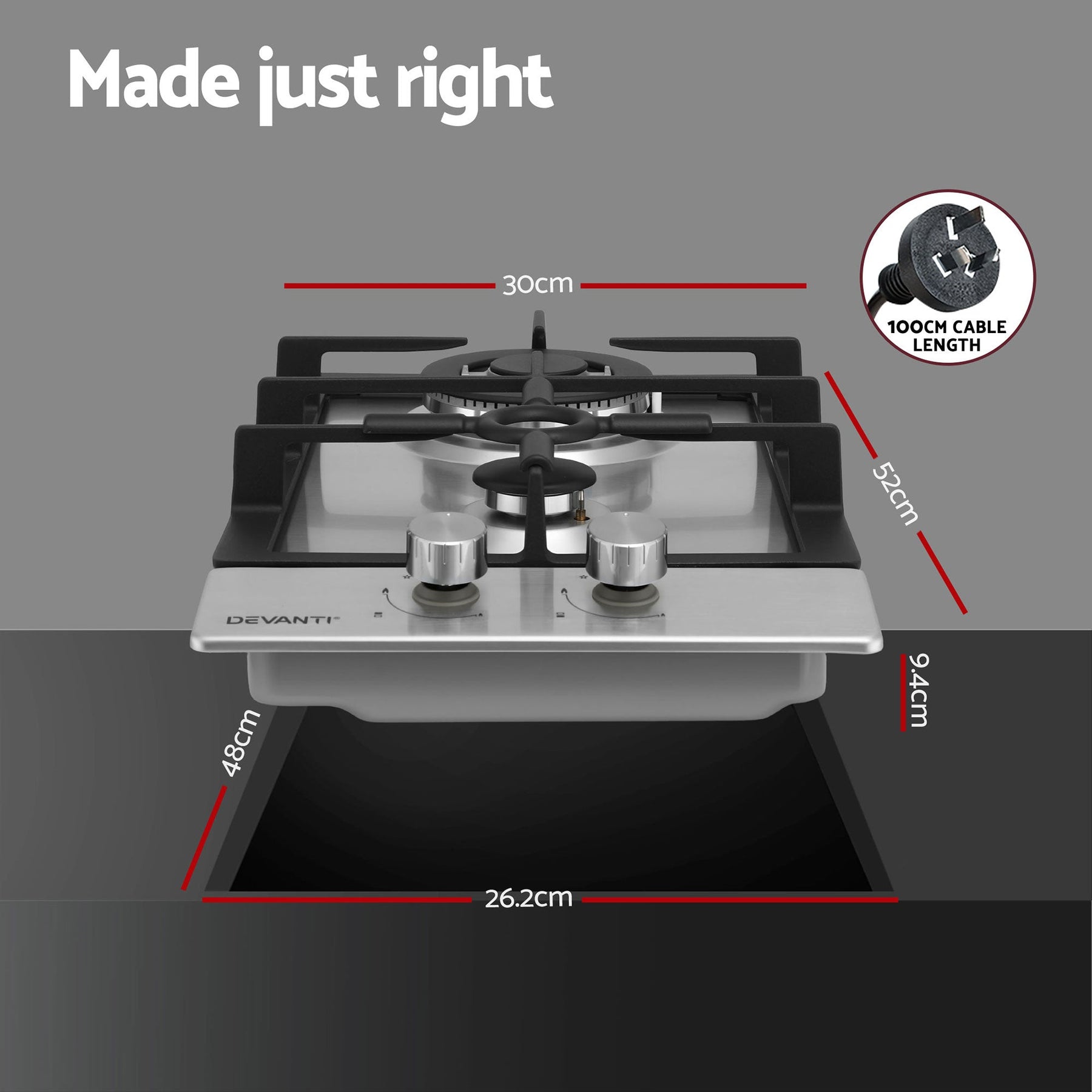 Devanti Gas Cooktop 30cm 2 Burner Silver - SportZone.co.nz