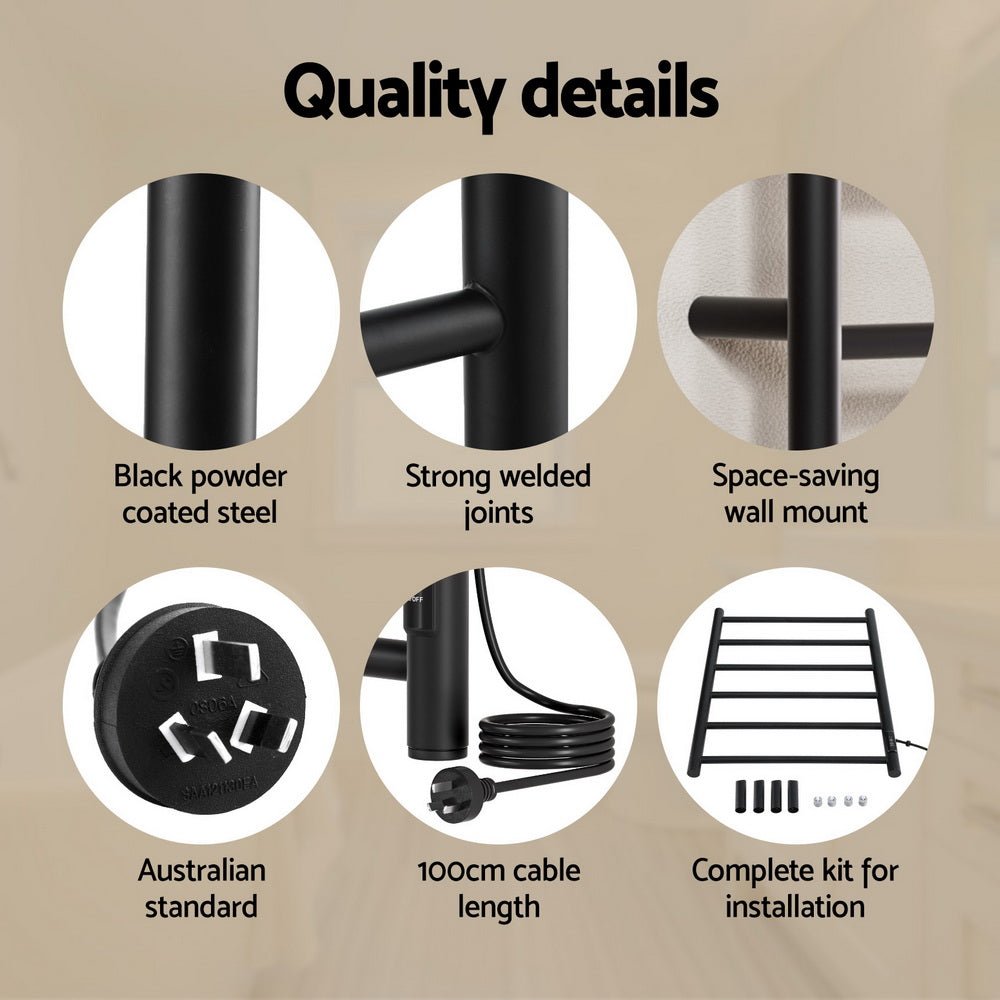 Devanti Heated Towel Rail 6 Round Bars with Timer Electric Heater Warmer Rack - SportZone.co.nz