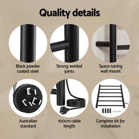 Devanti Heated Towel Rail 6 Round Bars with Timer Electric Heater Warmer Rack - SportZone.co.nz