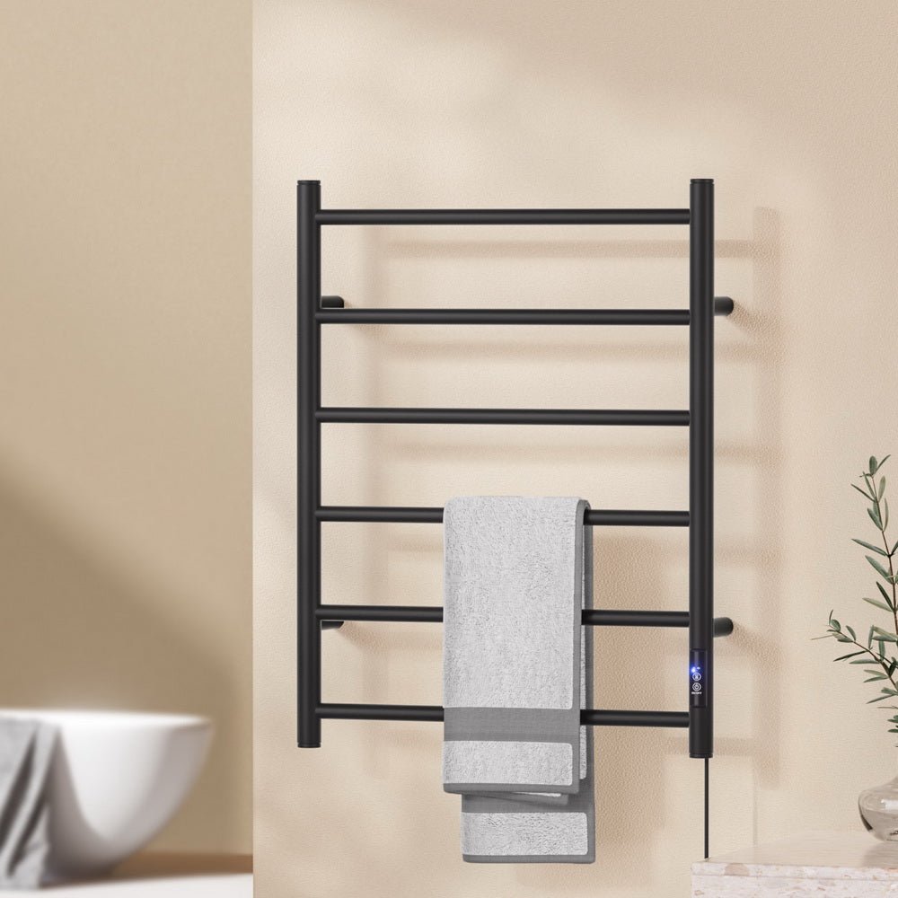 Devanti Heated Towel Rail 6 Round Bars with Timer Electric Heater Warmer Rack - SportZone.co.nz