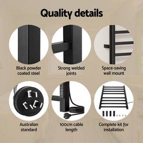 Devanti Heated Towel Rail 8 Square Bars with Timer Electric Heater Warmer Rack - SportZone.co.nz