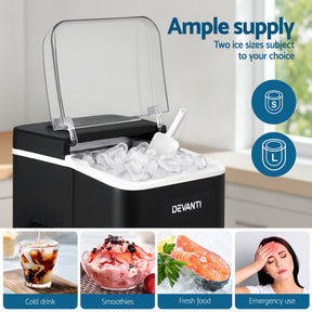 Devanti Ice Maker Machine Portable 12kg Countertop w/Self Cleaning 1.2L Black - SportZone.co.nz