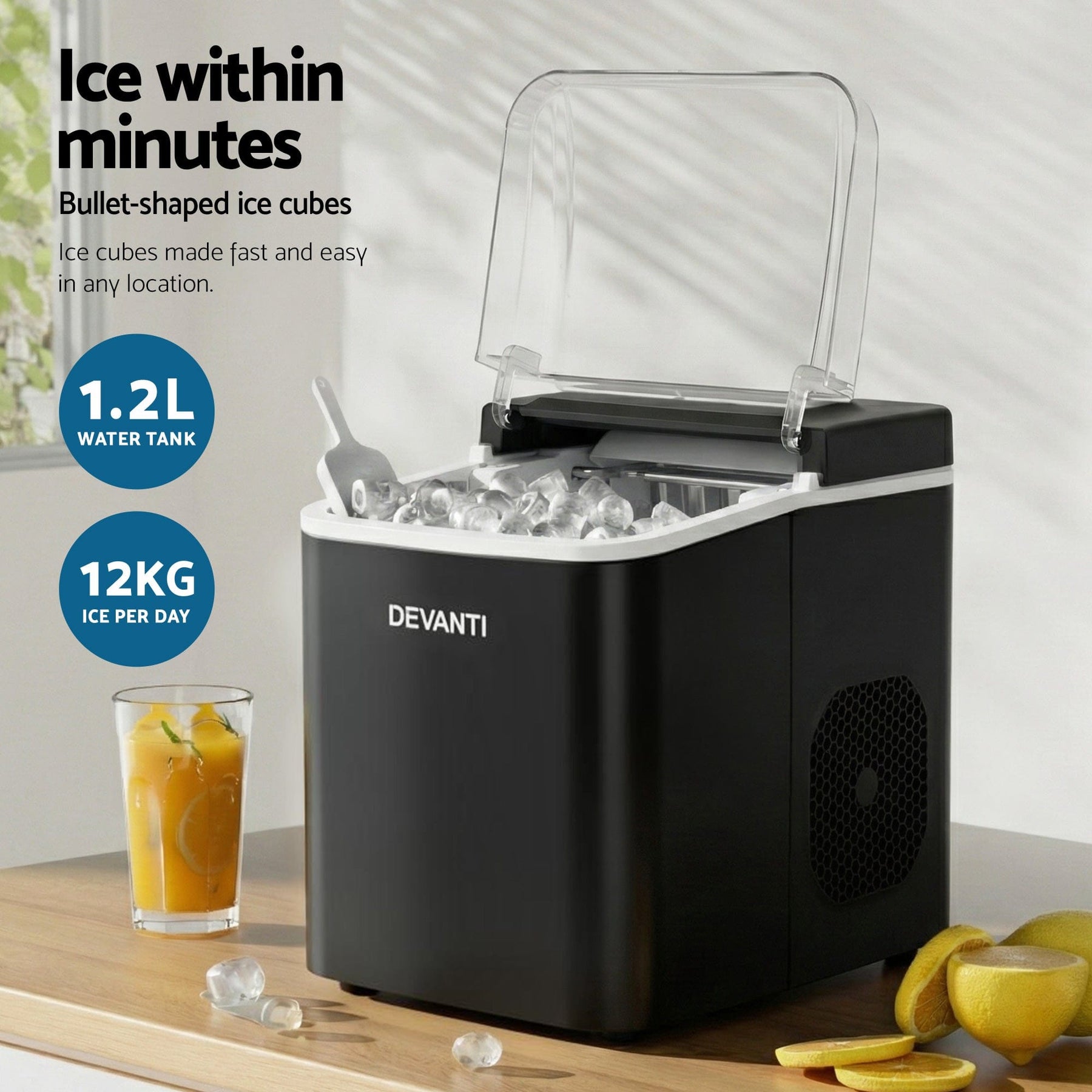 Devanti Ice Maker Machine Portable 12kg Countertop w/Self Cleaning 1.2L Black - SportZone.co.nz