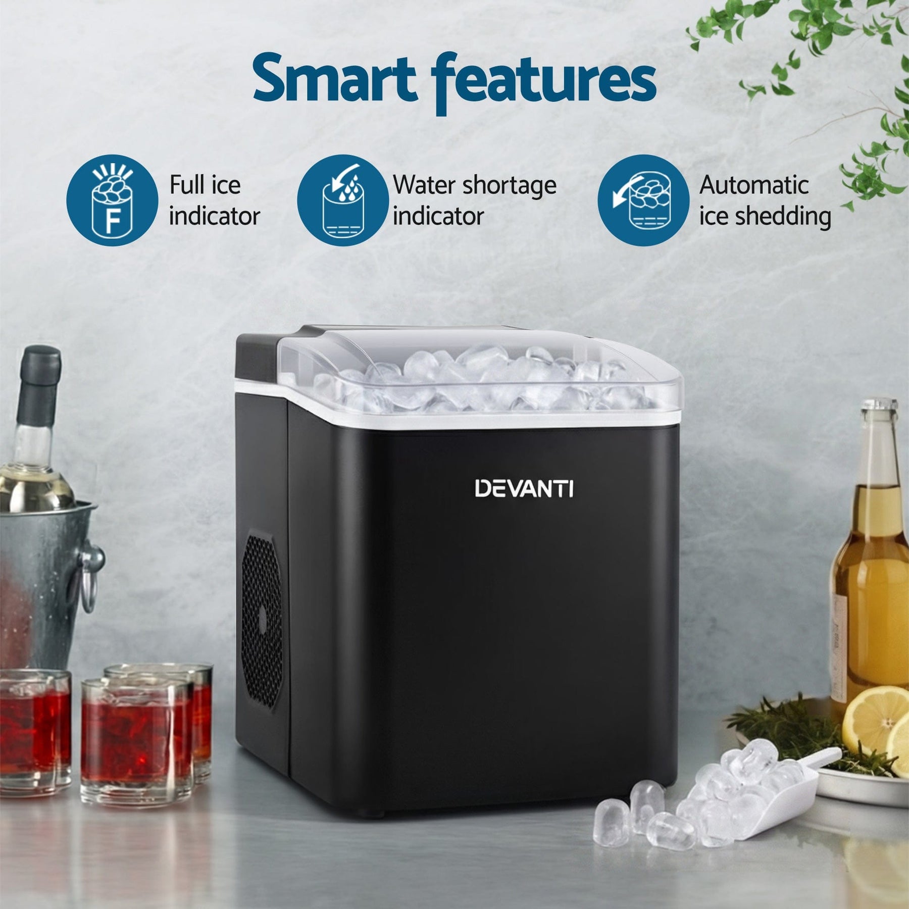 Devanti Ice Maker Machine Portable 12kg Countertop w/Self Cleaning 1.2L Black - SportZone.co.nz