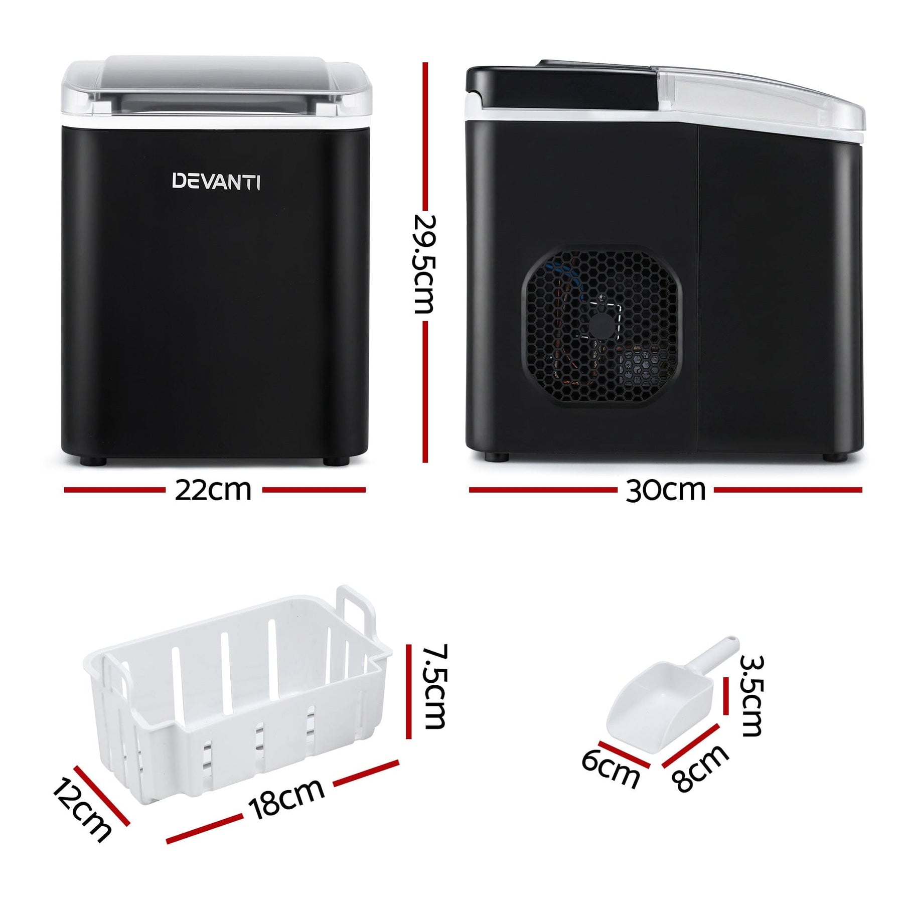 Devanti Ice Maker Machine Portable 12kg Countertop w/Self Cleaning 1.2L Black - SportZone.co.nz