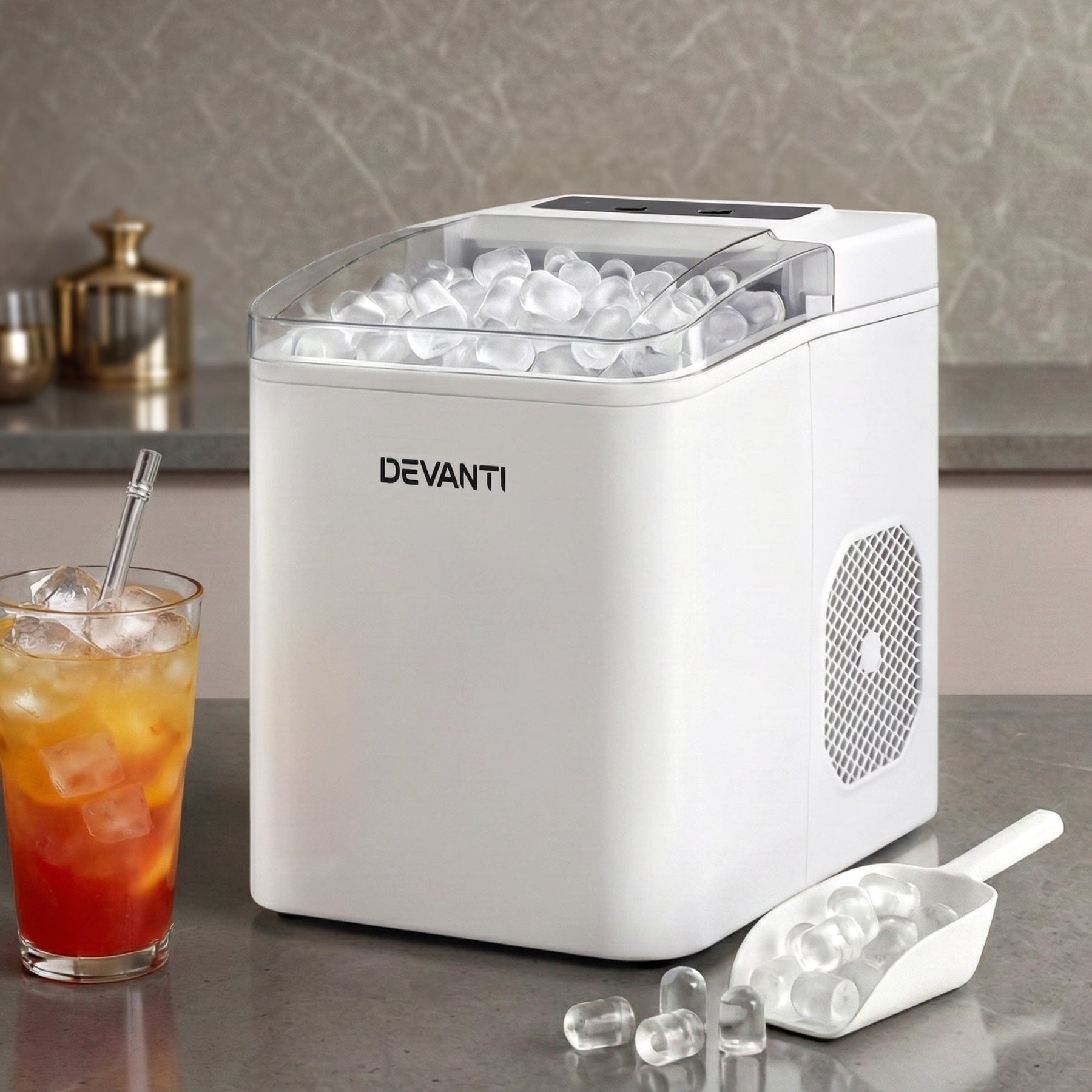Devanti Ice Maker Machine Portable 12kg Countertop w/Self Cleaning 1.2L White - SportZone.co.nz