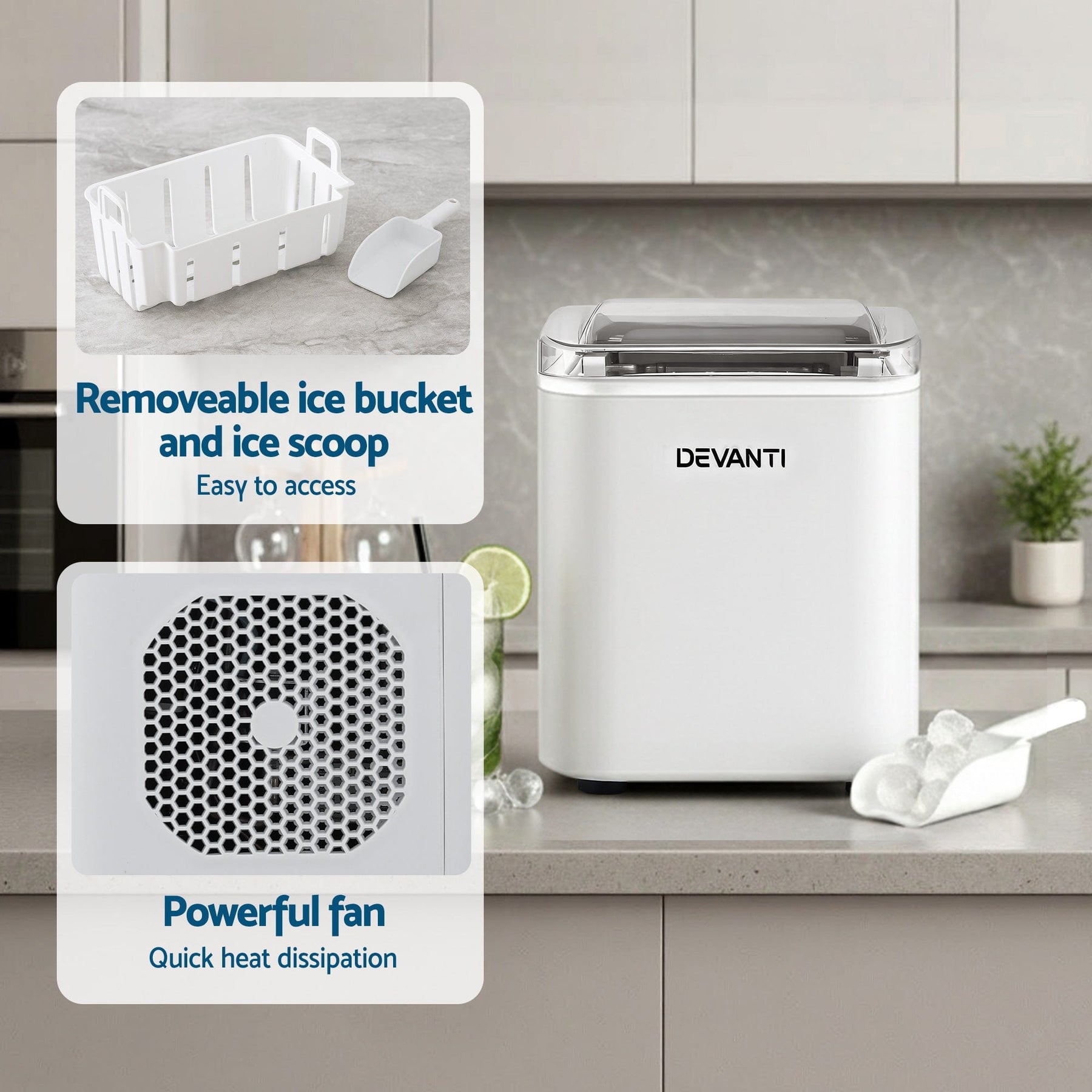 Devanti Ice Maker Machine Portable 12kg Countertop w/Self Cleaning 1.2L White - SportZone.co.nz