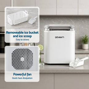 Devanti Ice Maker Machine Portable 12kg Countertop w/Self Cleaning 1.2L White - SportZone.co.nz
