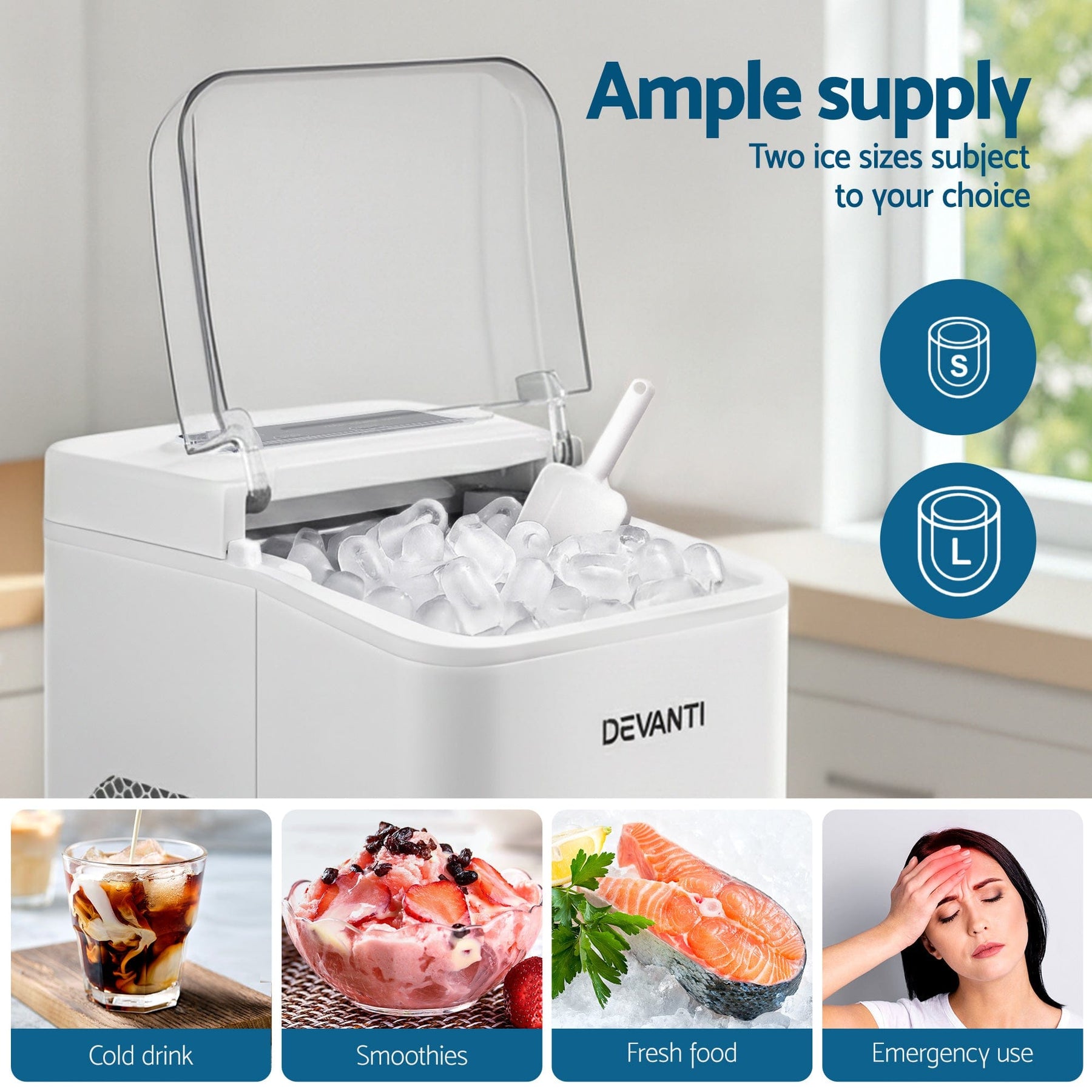 Devanti Ice Maker Machine Portable 12kg Countertop w/Self Cleaning 1.2L White - SportZone.co.nz