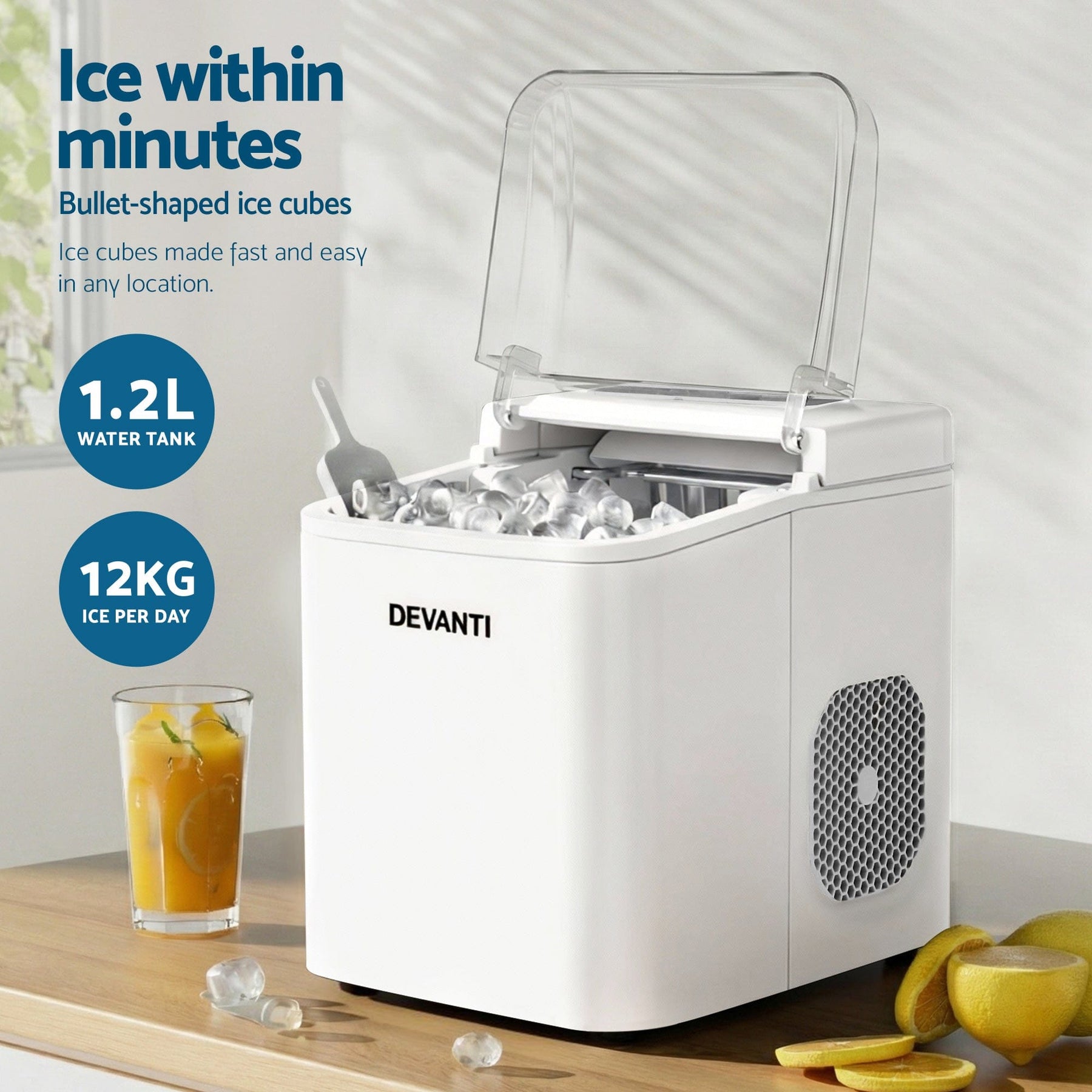 Devanti Ice Maker Machine Portable 12kg Countertop w/Self Cleaning 1.2L White - SportZone.co.nz