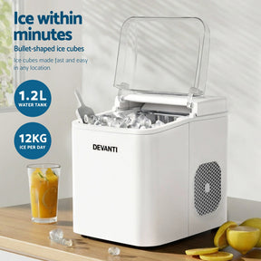 Devanti Ice Maker Machine Portable 12kg Countertop w/Self Cleaning 1.2L White - SportZone.co.nz