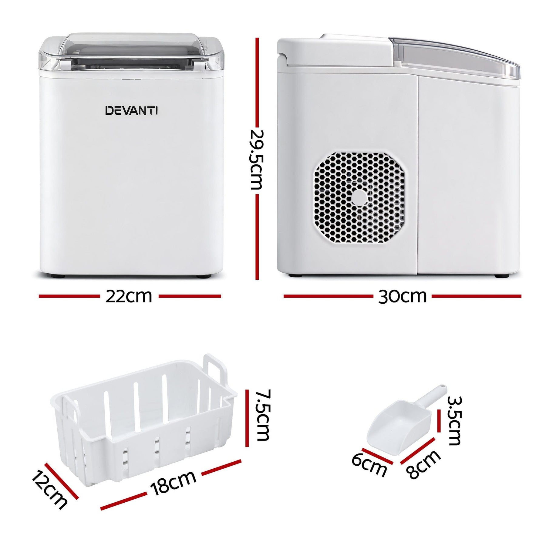 Devanti Ice Maker Machine Portable 12kg Countertop w/Self Cleaning 1.2L White - SportZone.co.nz