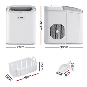 Devanti Ice Maker Machine Portable 12kg Countertop w/Self Cleaning 1.2L White - SportZone.co.nz