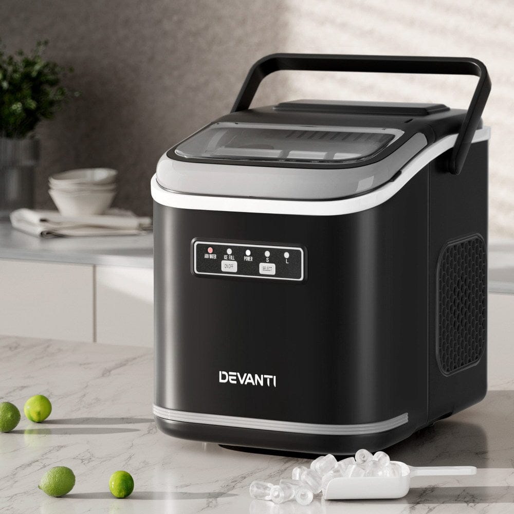 Devanti Ice Maker Machine Portable 12kg Countertop w/Self Cleaning 1.3L Black - SportZone.co.nz