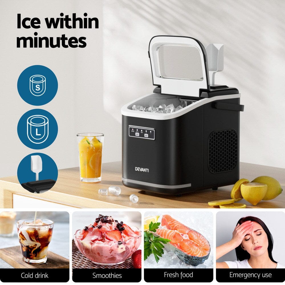 Devanti Ice Maker Machine Portable 12kg Countertop w/Self Cleaning 1.3L Black - SportZone.co.nz