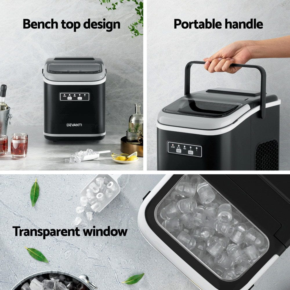 Devanti Ice Maker Machine Portable 12kg Countertop w/Self Cleaning 1.3L Black - SportZone.co.nz