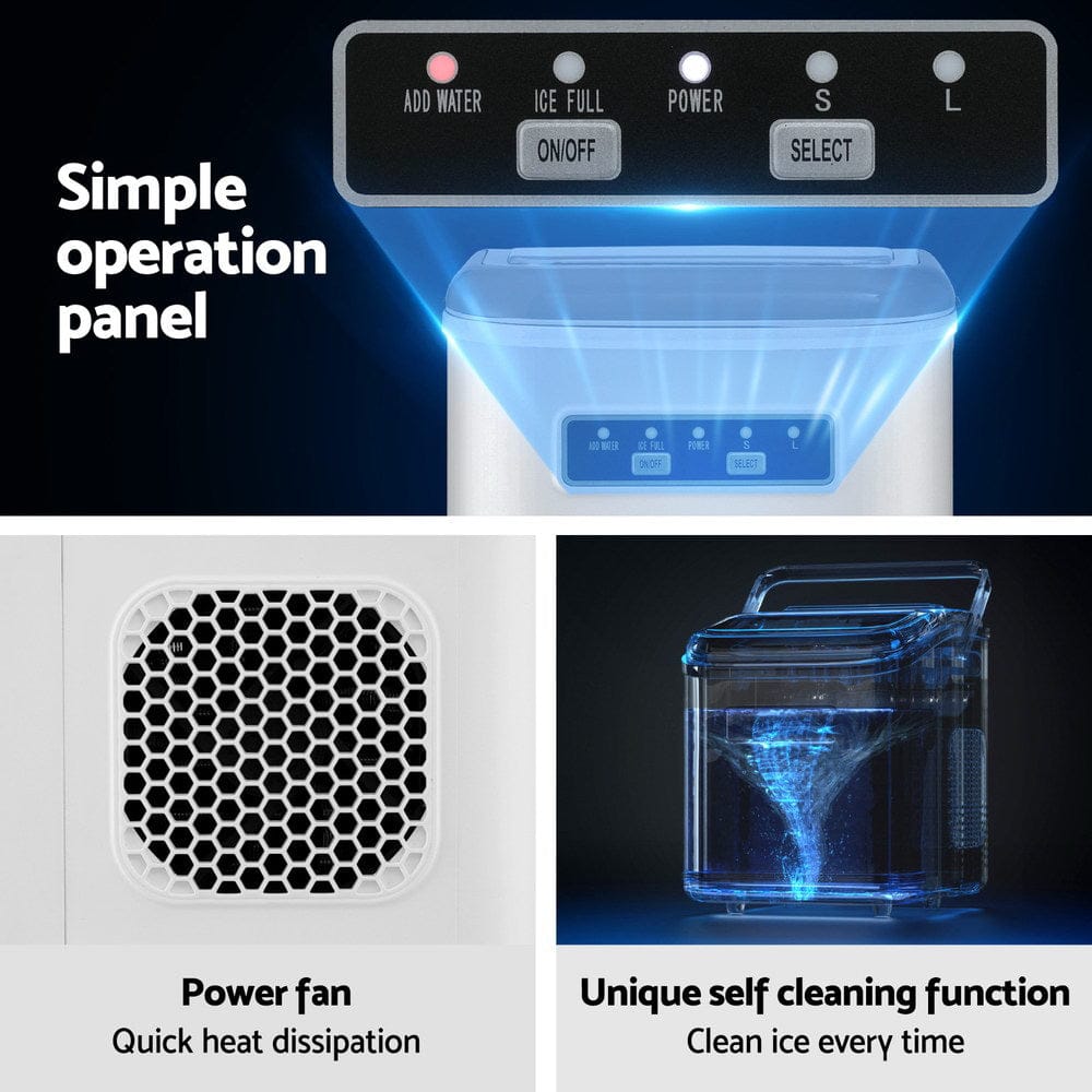 Devanti Ice Maker Machine Portable 12kg Countertop w/Self Cleaning 1.3L White - SportZone.co.nz