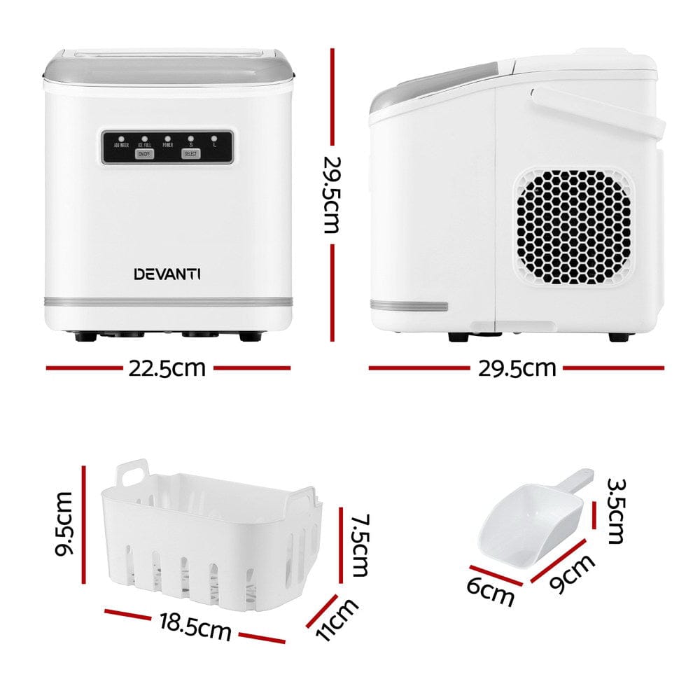 Devanti Ice Maker Machine Portable 12kg Countertop w/Self Cleaning 1.3L White - SportZone.co.nz