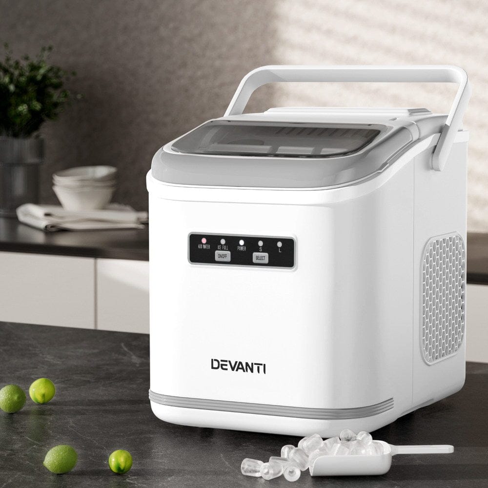 Devanti Ice Maker Machine Portable 12kg Countertop w/Self Cleaning 1.3L White - SportZone.co.nz