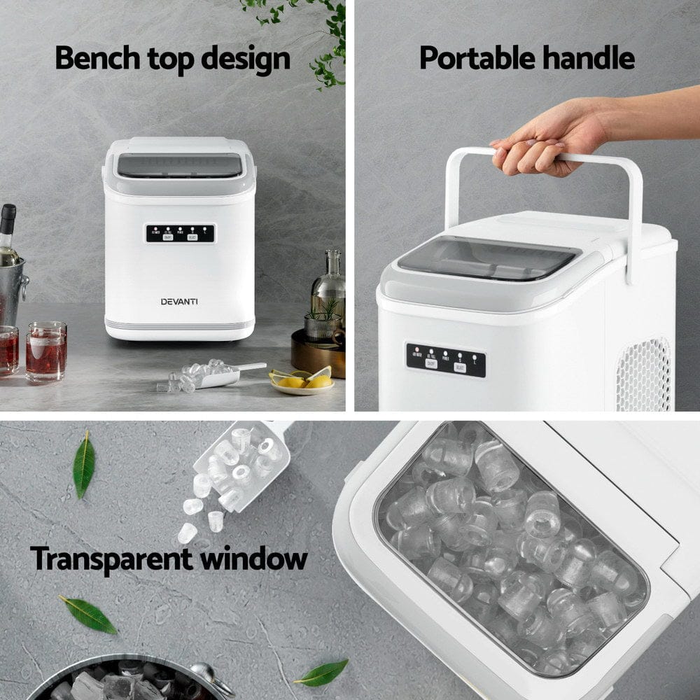 Devanti Ice Maker Machine Portable 12kg Countertop w/Self Cleaning 1.3L White - SportZone.co.nz