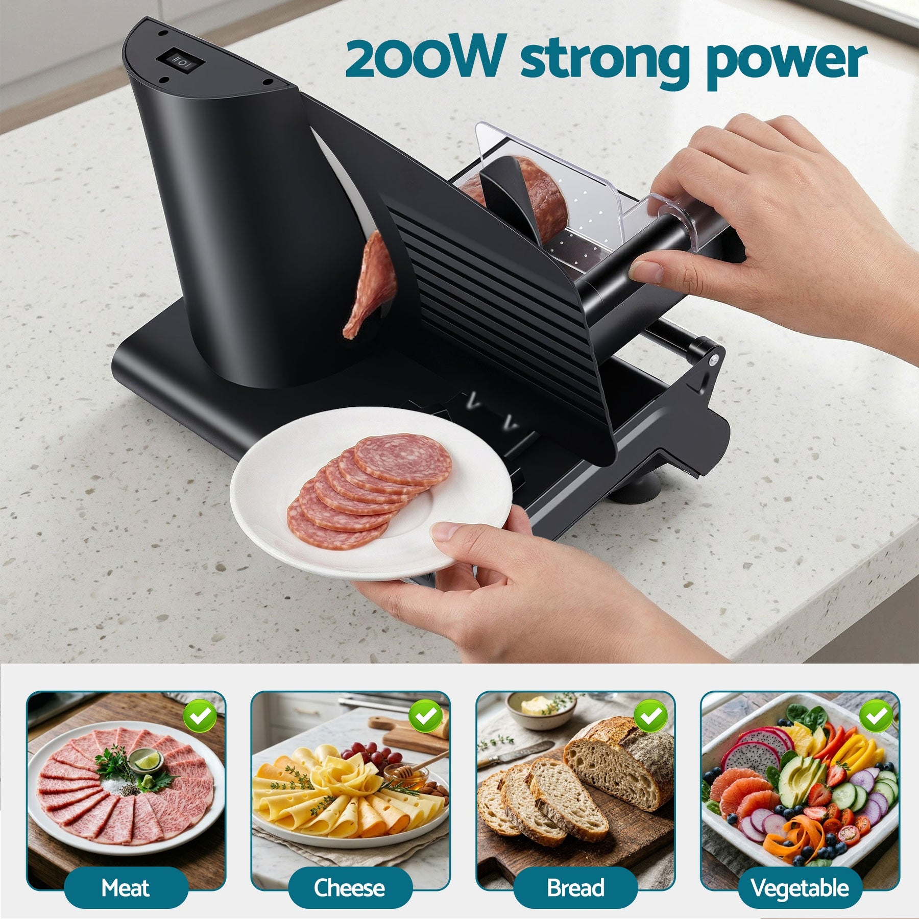 Devanti Meat Slicer Bread Vegetable, 200W Power 0-15mm Adjustable Easy Clean Stable Stainless Steel Blade Food Slicer for Kitchen Commercial, Black - SportZone.co.nz