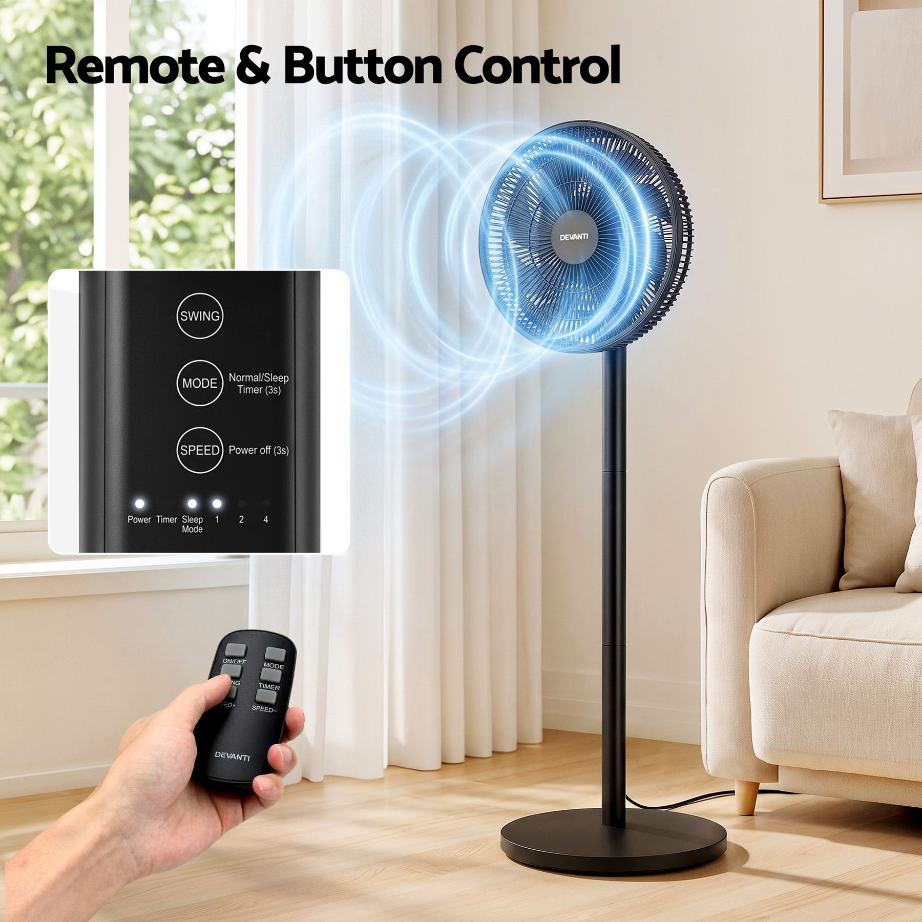 Devanti Pedestal Fan with Remote, 7 Speeds 3 Heights DC Motor, Black - SportZone.co.nz