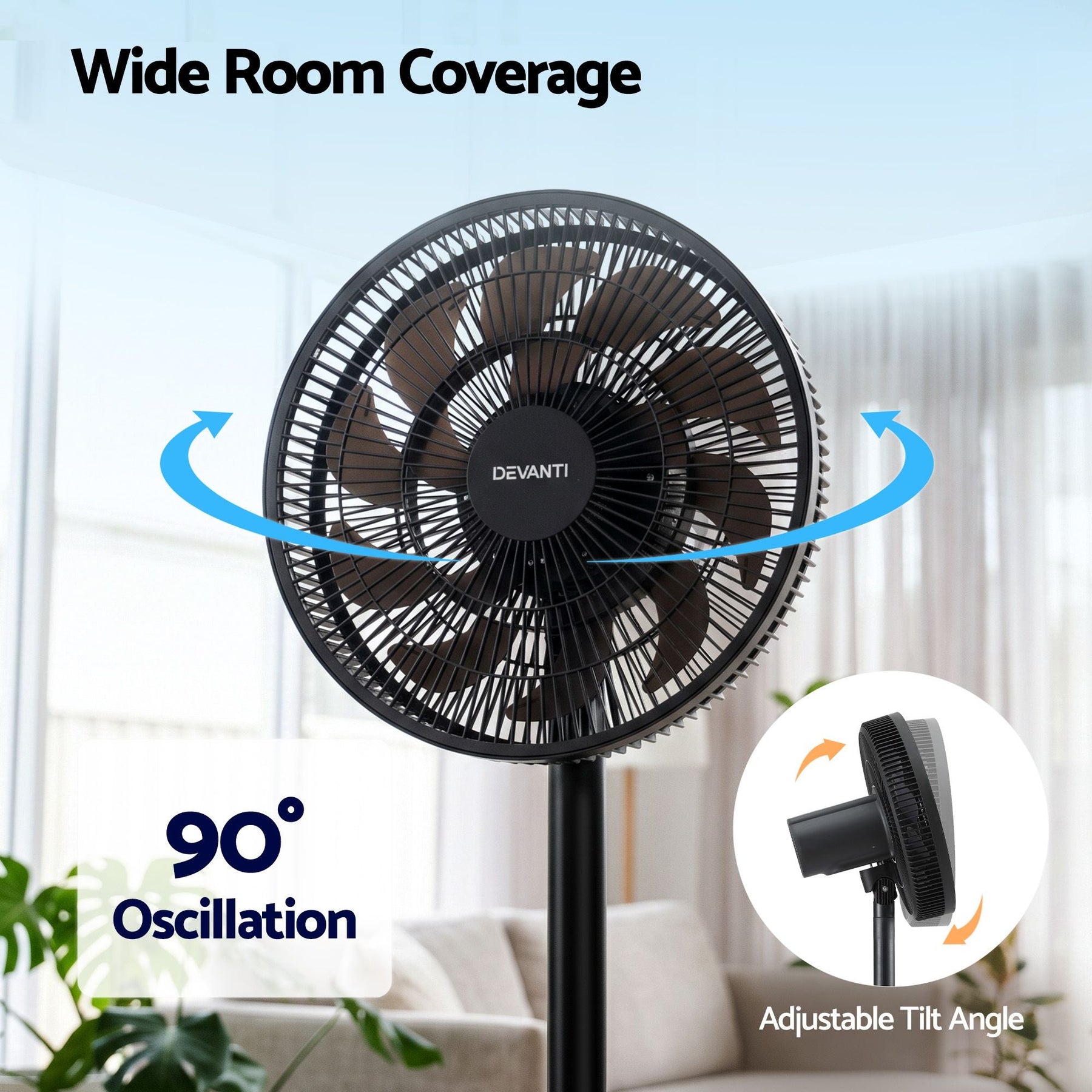 Devanti Pedestal Fan with Remote, 7 Speeds 3 Heights DC Motor, Black - SportZone.co.nz