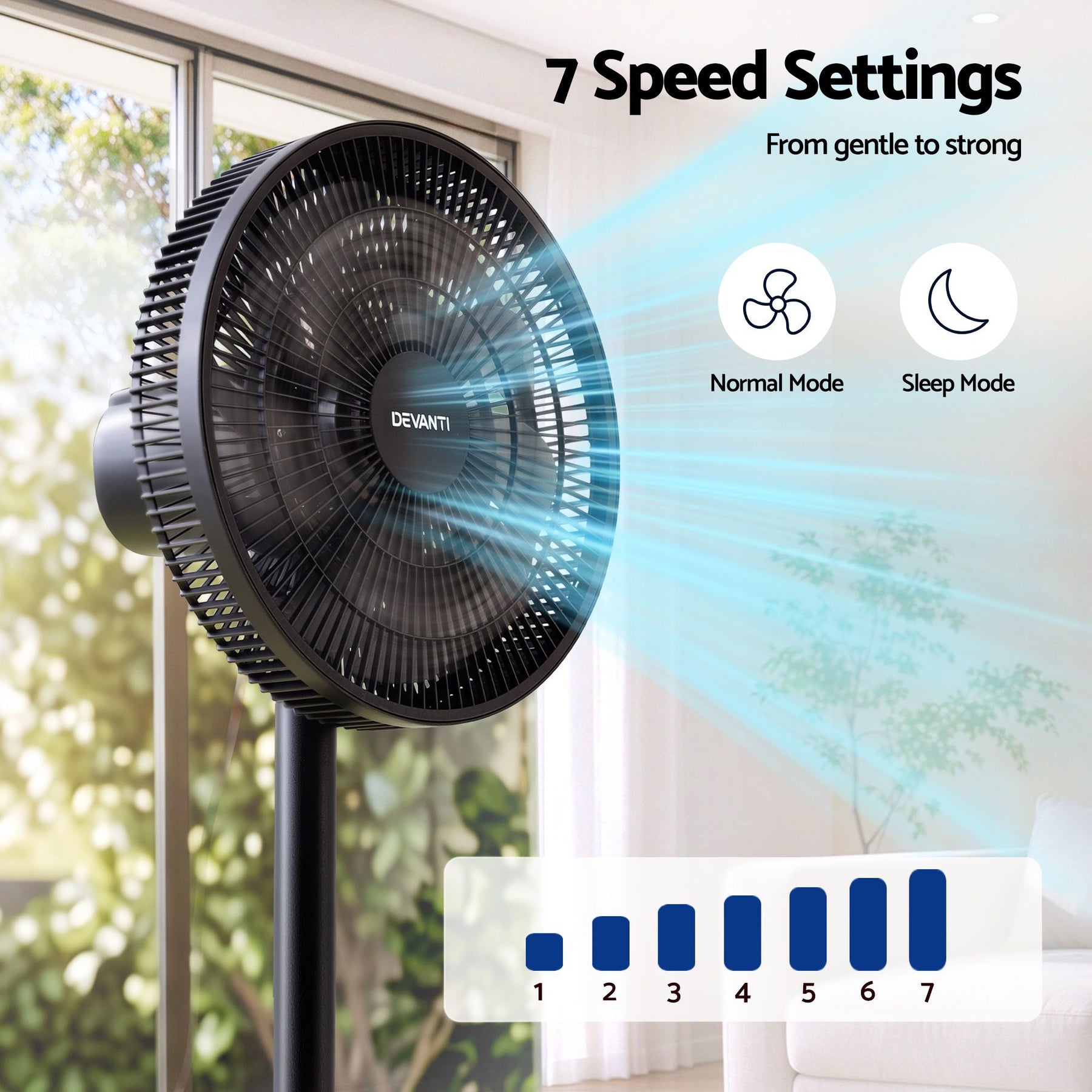 Devanti Pedestal Fan with Remote, 7 Speeds 3 Heights DC Motor, Black - SportZone.co.nz